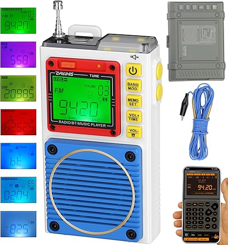 ZHIWHIS Radio de onda corta, radios meteorológicas portátiles con 7 colores de retroiluminación y control de aplicación, AM FM VHF SW WB receptor