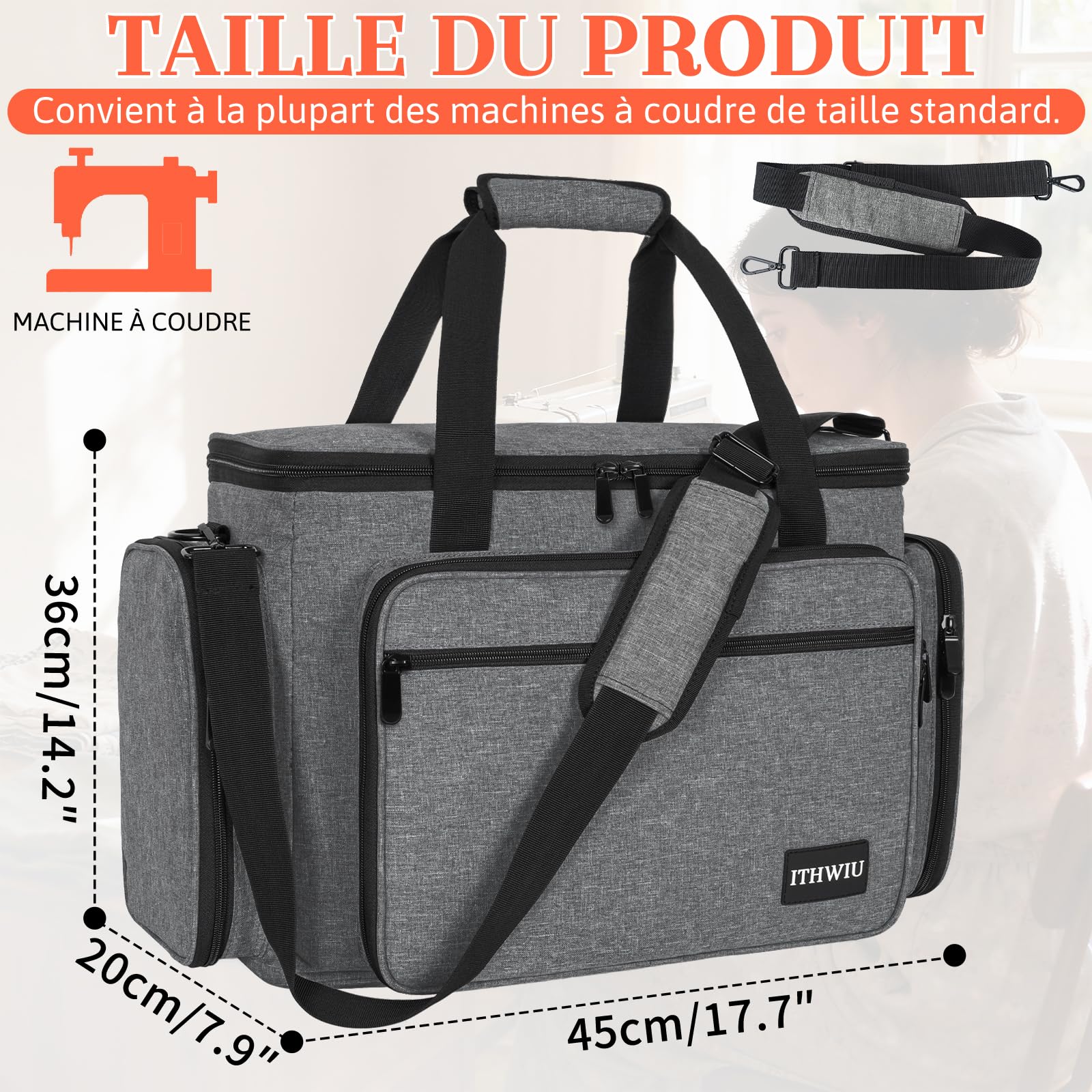 Sac de Machine à Coudre avec Multiples Compartiments de Rangement, Gris | Sac Machine à Coudre avec Insert Rembourré Amovible, Compatible avec la Plupart des Machines à Coudre Domestiques Standard