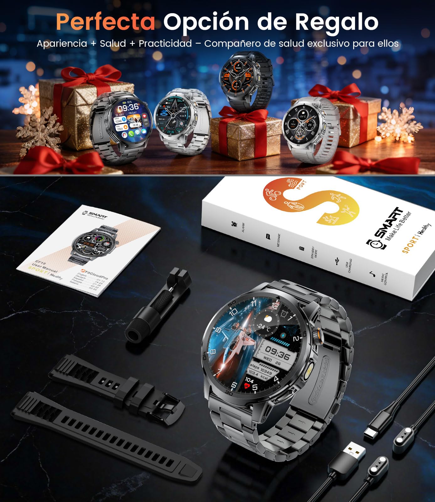 Reloj Inteligente Hombre con 1000mAh Batería/Linterna, 1.85" Grandes Smartwatch Hombre con Llamadas Bluetooth, Monitor de Sueño, IP68 Impermeable, 100+ Modos Deportivos para Android iOS