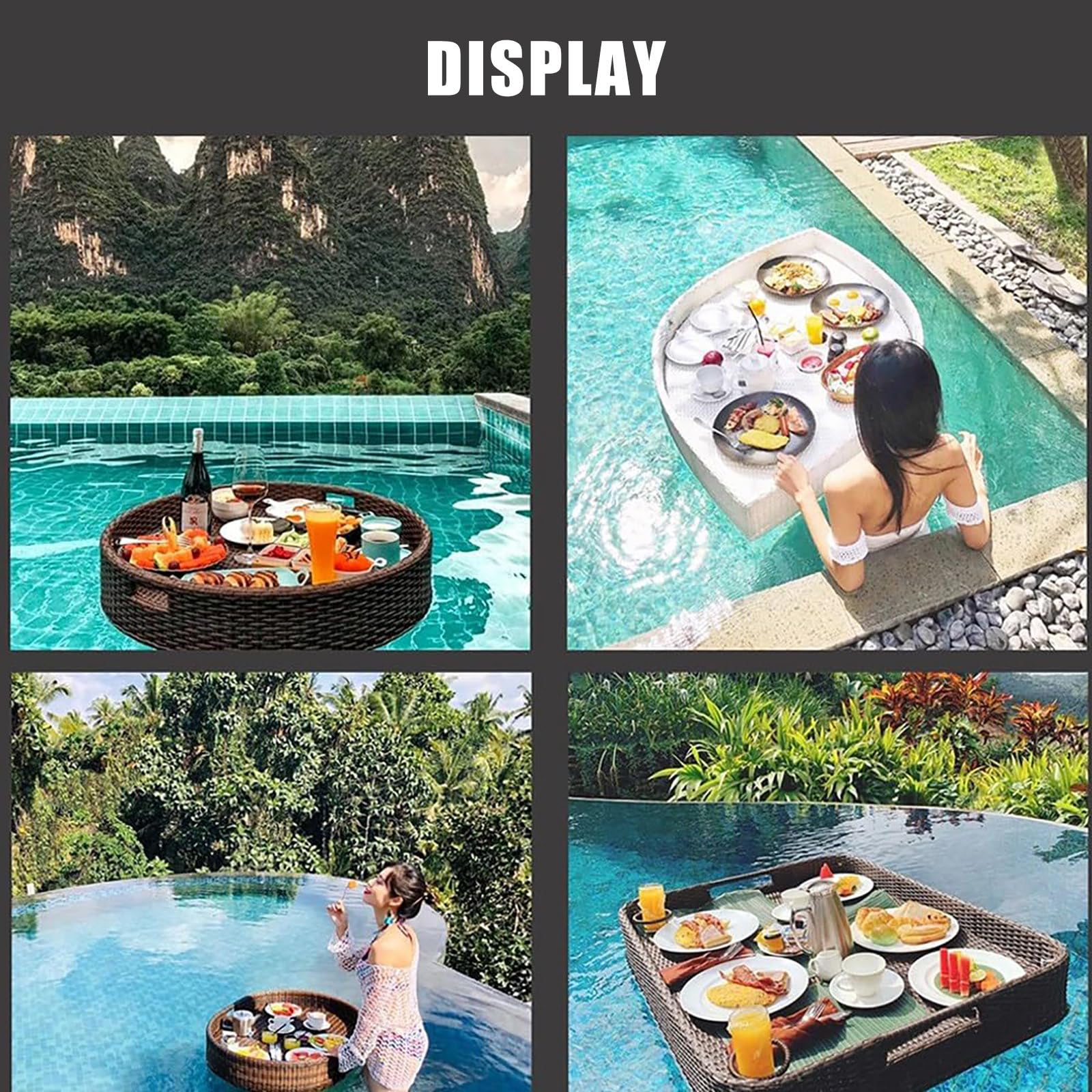 Piatto piano galleggiante e vassoio per la colazione per feste in piscina e vasche da bagno, design in rattan per tè pomeridiano e fotografia, perfetto per intrattenimento e relax