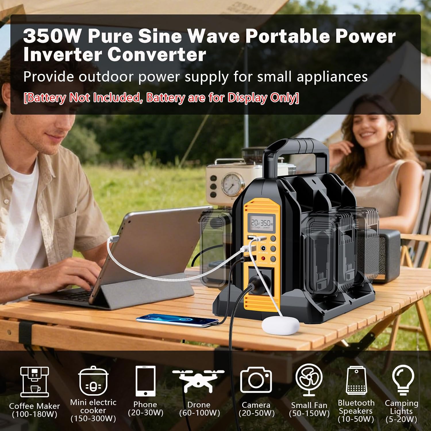 Power Inverter 4-Port for DeWalt 20V Battery, 350W Power Supply Inverter Pure Sine Wave, Converter DC 18V to AC 120V for Outdoor & Emergency Power Supply [ Battery Not Included ]
