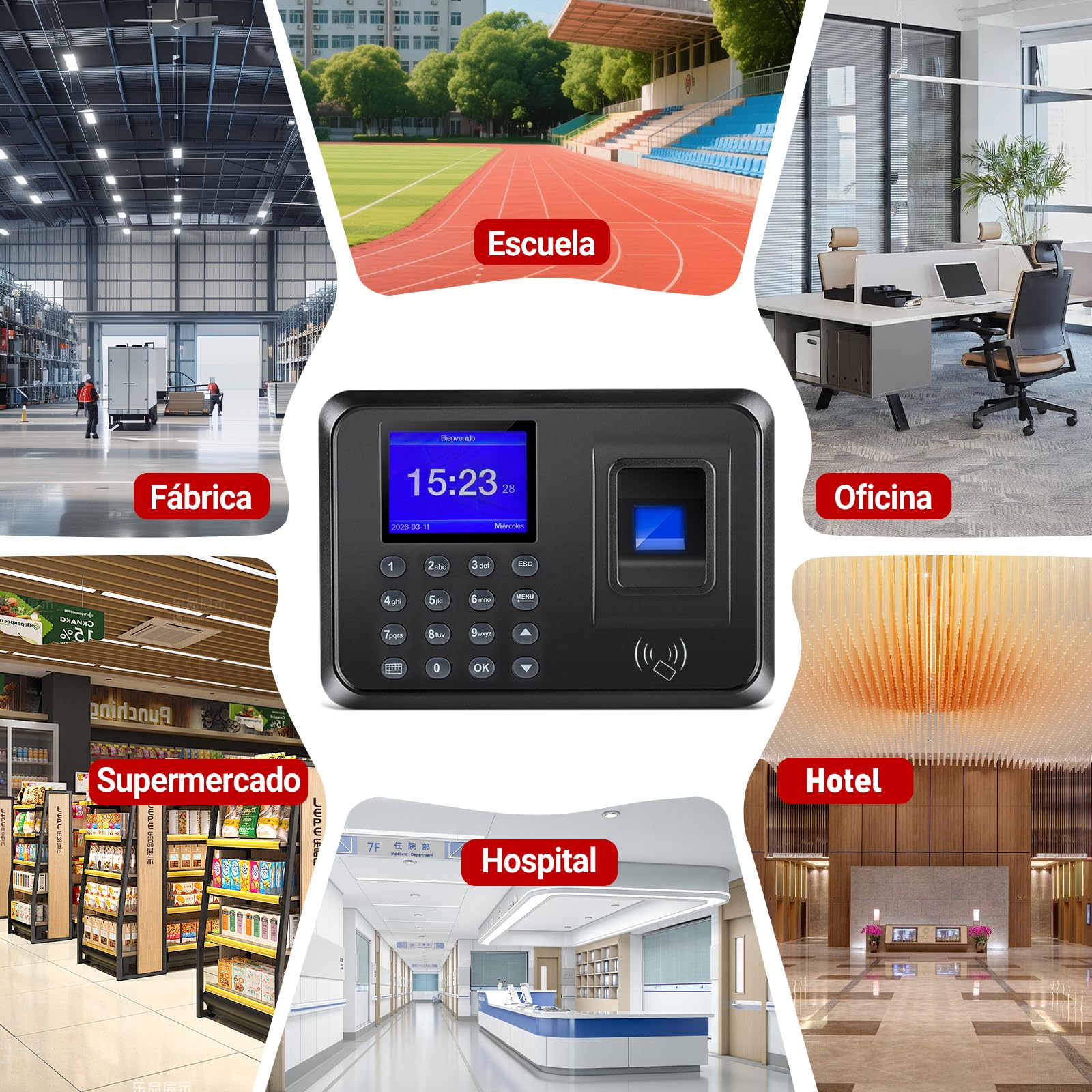 Reloj de Fichar Biométrico 3 en 1 – Control Horario con Huella Dactilar, Tarjeta RFID y Código PIN – Máquina de Asistencia para Pequeñas Empresas, Sin Internet, 10 Tarjetas Incluidas, Español