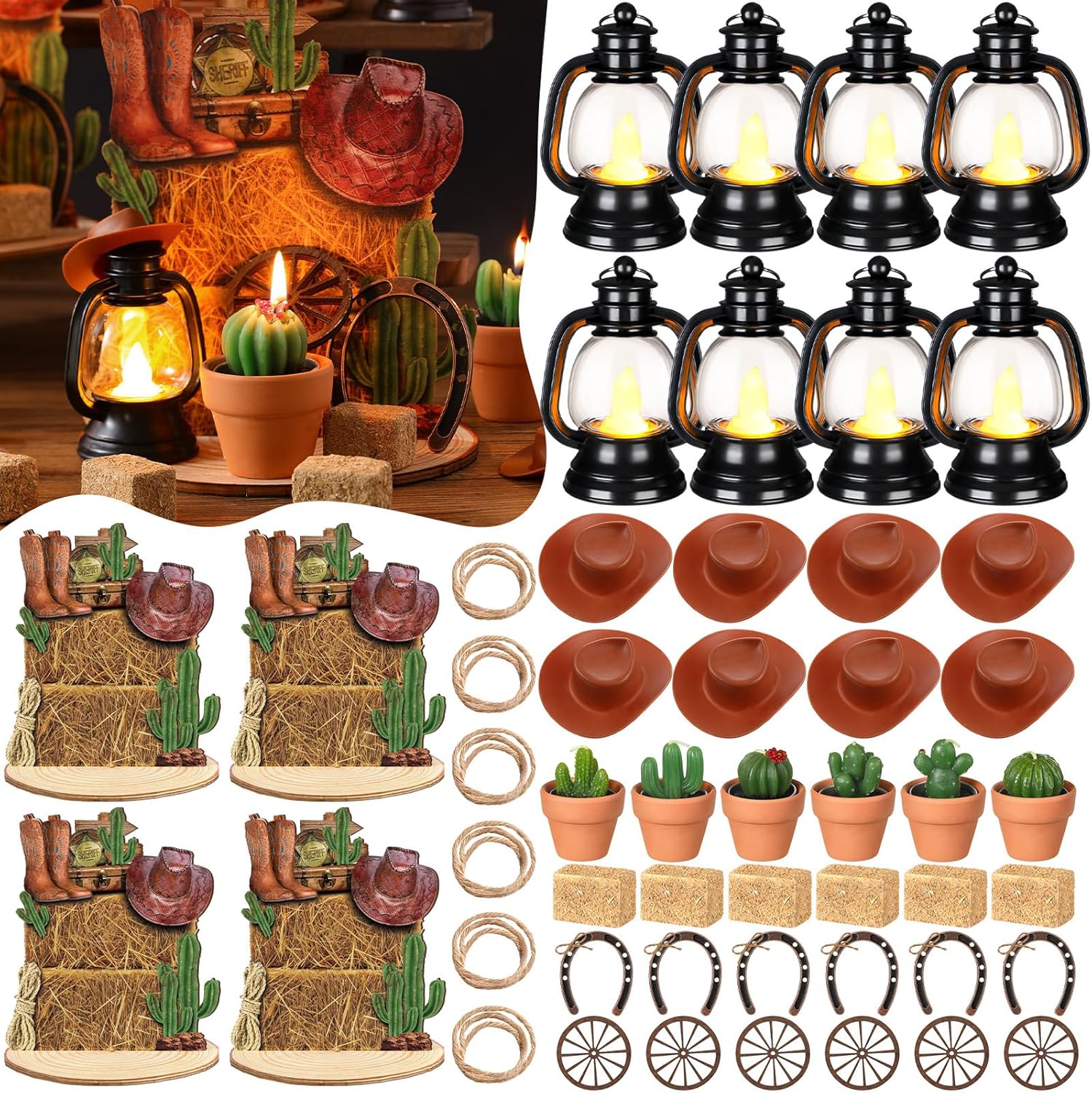 ROCEEI 96 Pcs Cowboy Party Decorations Western Centerpieces for Table Include Mini Cowboy Hat, Lantern with LED Candle, Cactus Tealight, Horseshoe, Wagon Wheel, Wooden Background Board, Hay Bale, Rope