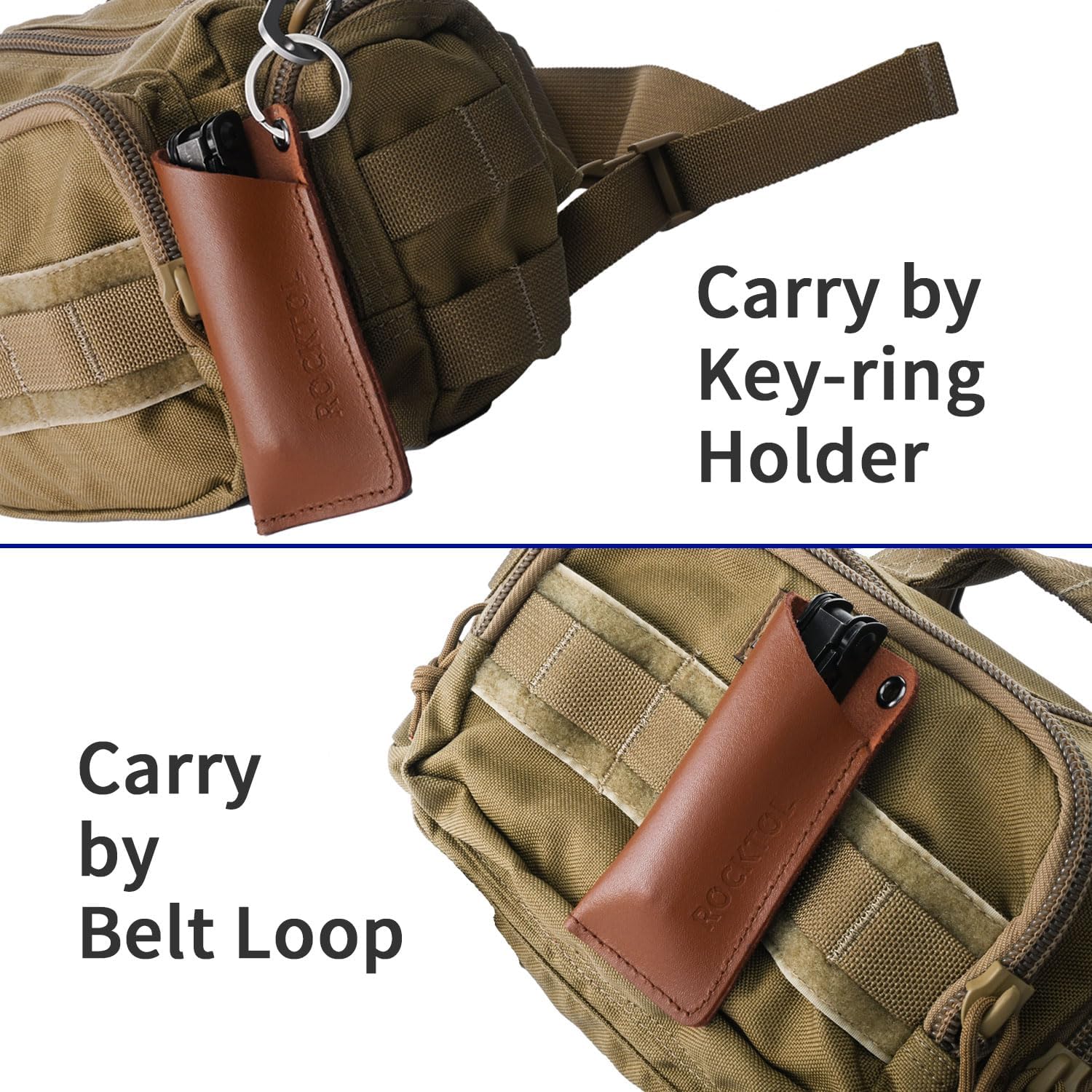 ROCKTOL Gen-R Lite Multitool being carried in its leather sheath, attached to a backpack via a key-ring holder and a belt loop.