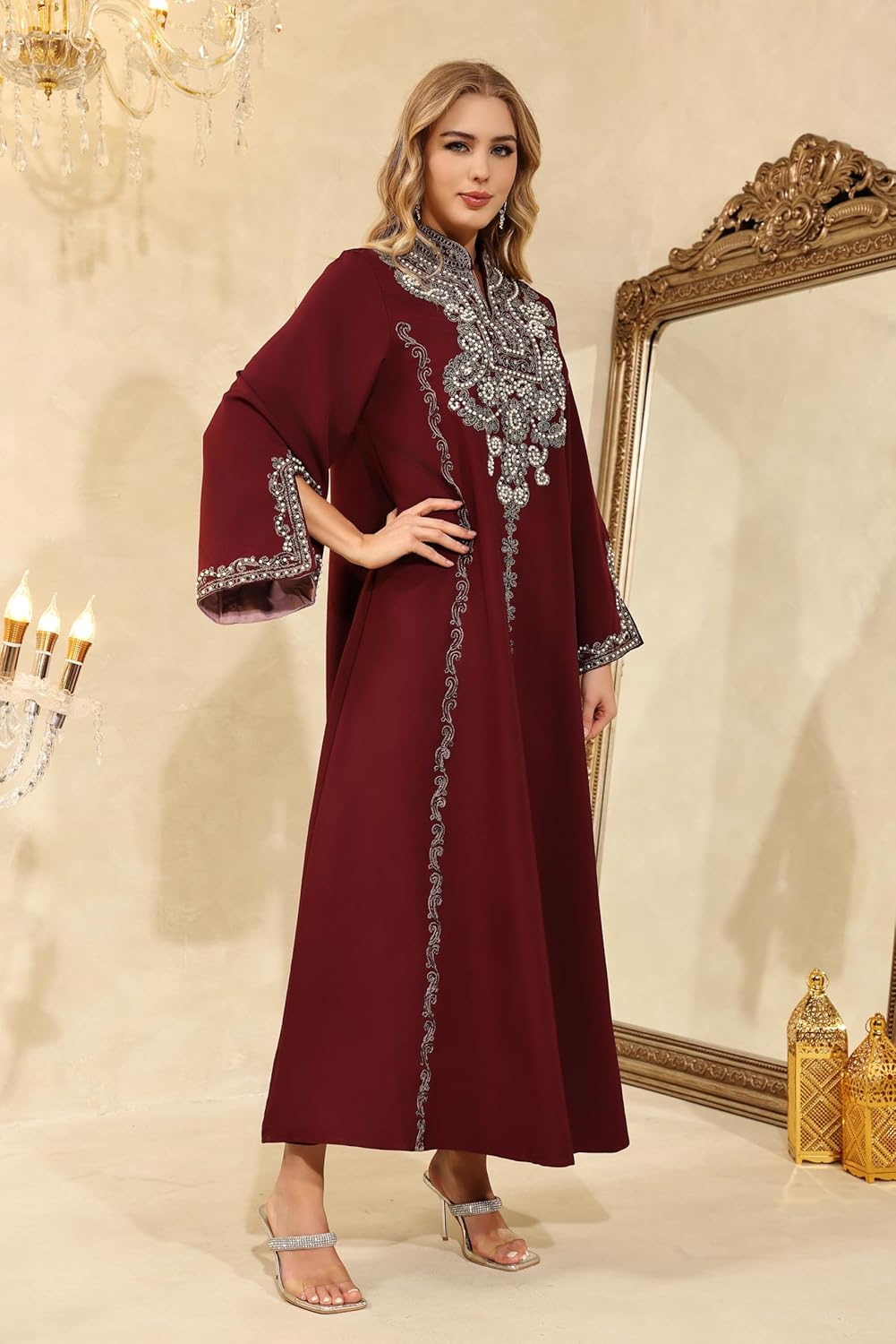 Kaftan Dresses for Women V-Neck Embroidery Long Sleeve Muslim Dress Casual and Fashion