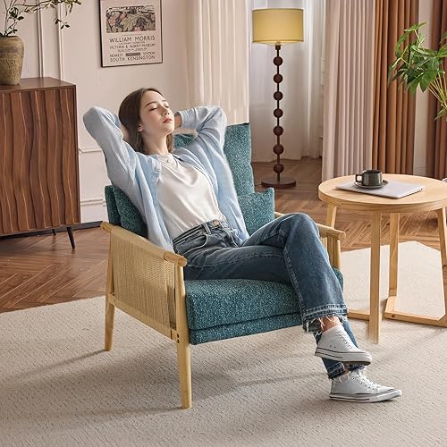 Miniatura 5 de VINGLI Juego de 2 sillones bohemios con diseño de trenzas, modernas de mediados de siglo con reposabrazos de madera maciza, cómodas sillas
