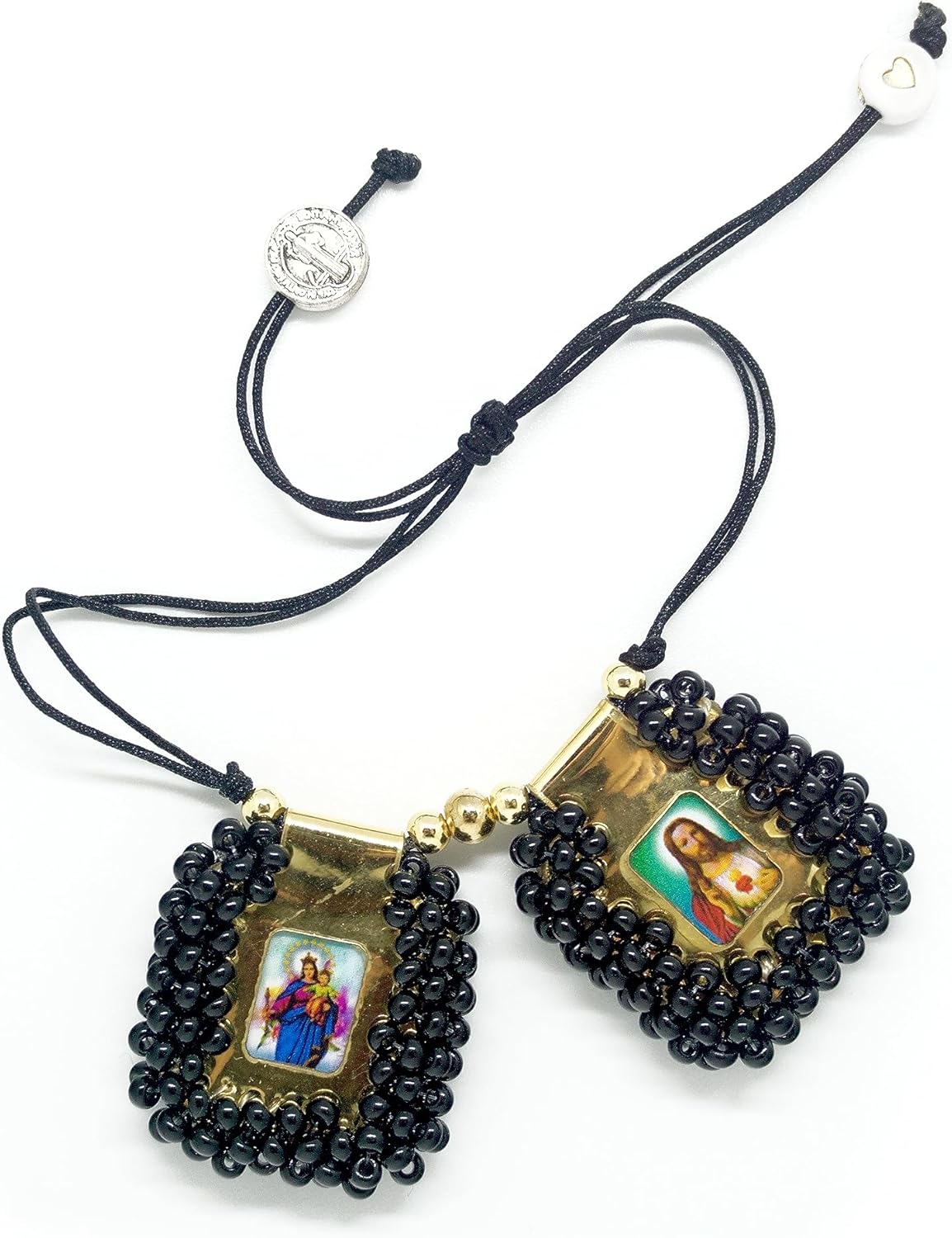 Sacred Scapular Bracelet Handmade Embroidered Bead Wristband of Sacred Heart of Jesus, Holy Virgin of Carmen, St. Michael Archangel. 2,5cm x 3cm Black Color by Zaraleas