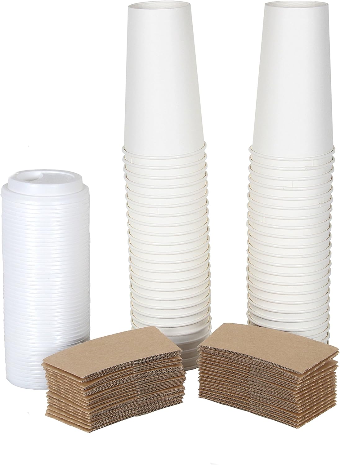 CucinaPrime White Paper Hot Coffee Cups with White Lids and Sleeves (20 Ounce - 50 Pack)
