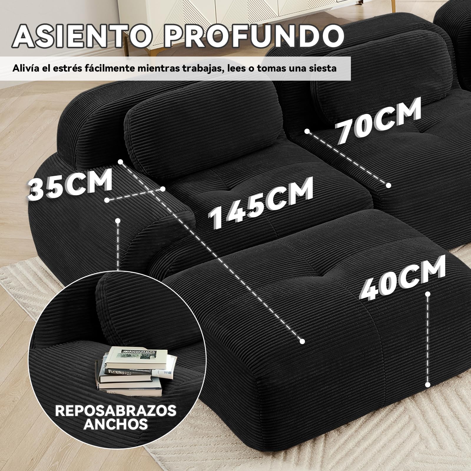 SoarFlash Sofá Moderno Modular, Tela côtelé, Asiento Profundo + reposabrazos Anchos, sin Necesidad de ensamblaje, sofá 2 plazas Tipo L, Negro