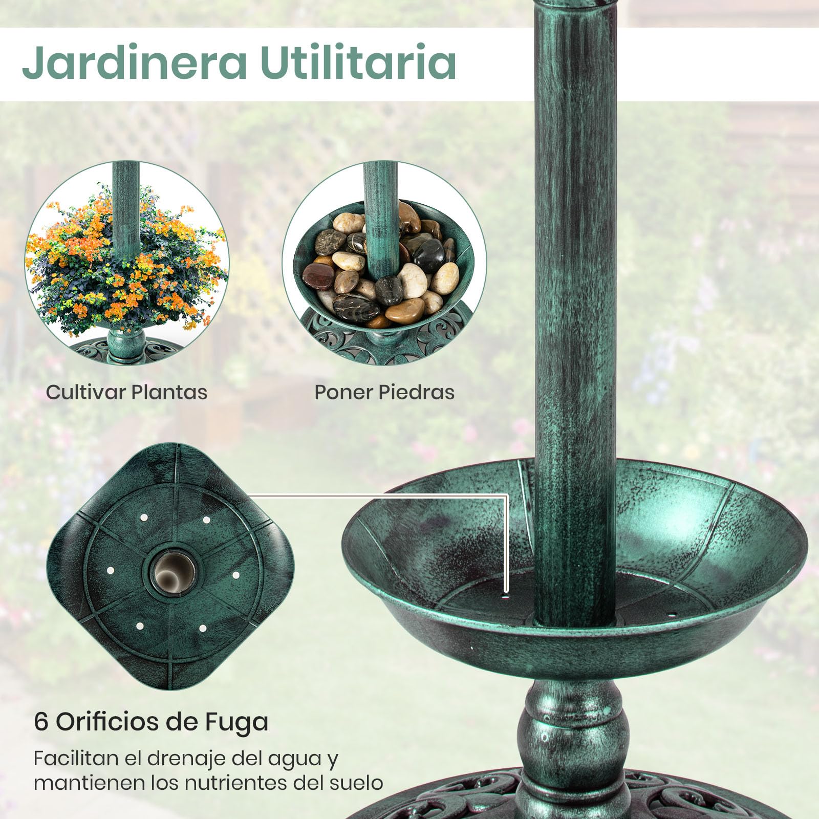 GYMAX Comedero y Baño para Pájaros Exterior, Bebedero Pajaros con 2 Lámparas Alimentadas por Energía Solar, Macetero de Flores, Soporte Rellenable, Bañeras para Decorativas de Jardín y Bosque