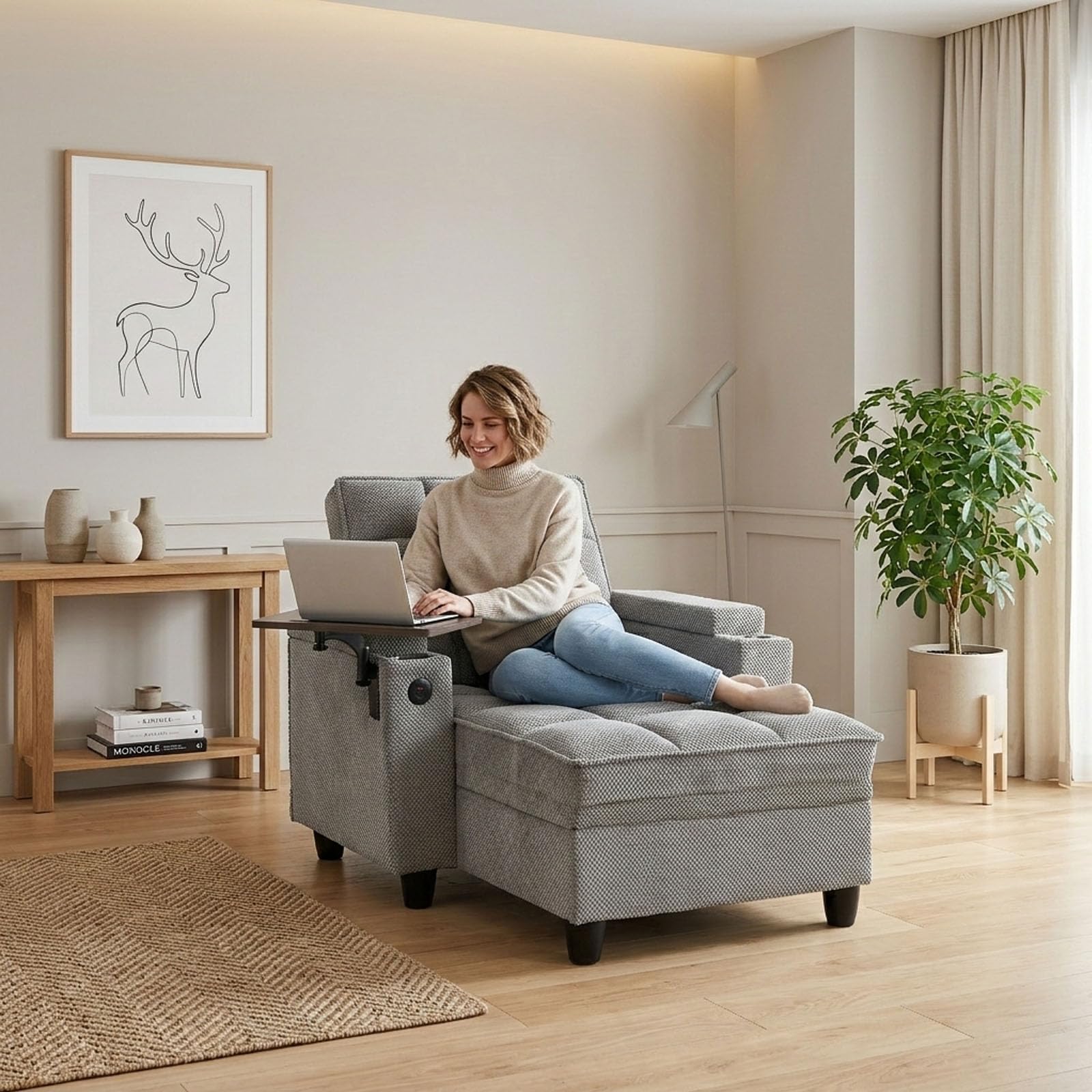 41.7" Oversized Chaise Lounge Chair Indoor, 3-in-1 Convertible Sleeper Lounger with Adjustable Backrest, Deep Seat Reading Chair with Armrest Storage,