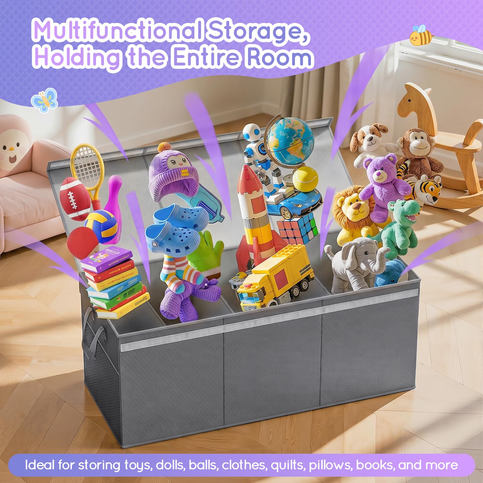 Lewondr Extra großer Aufbewahrungsbox mit Deckel Kinder, 160L Faltbarer Aufbewahrungskorb Spielzeug für Jungen Mädchen, 3 abnehmbare Trennwände für Wohnzimmer Kinderzimmer, 100×40×40cm, Grau