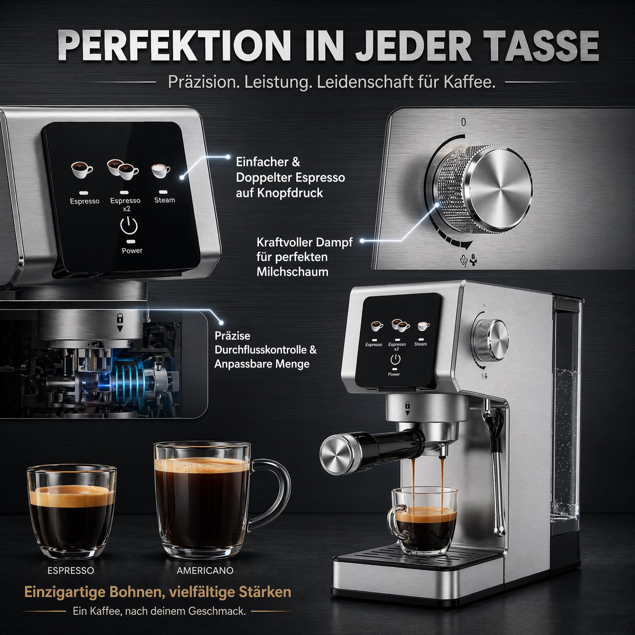 Espressomaschine 20 Bar Siebträgermaschine mit Touchscreen, 1350W Kaffeemaschine mit Milchaufschäumer, 1,2L Wassertank, Einzel- & Doppelshot