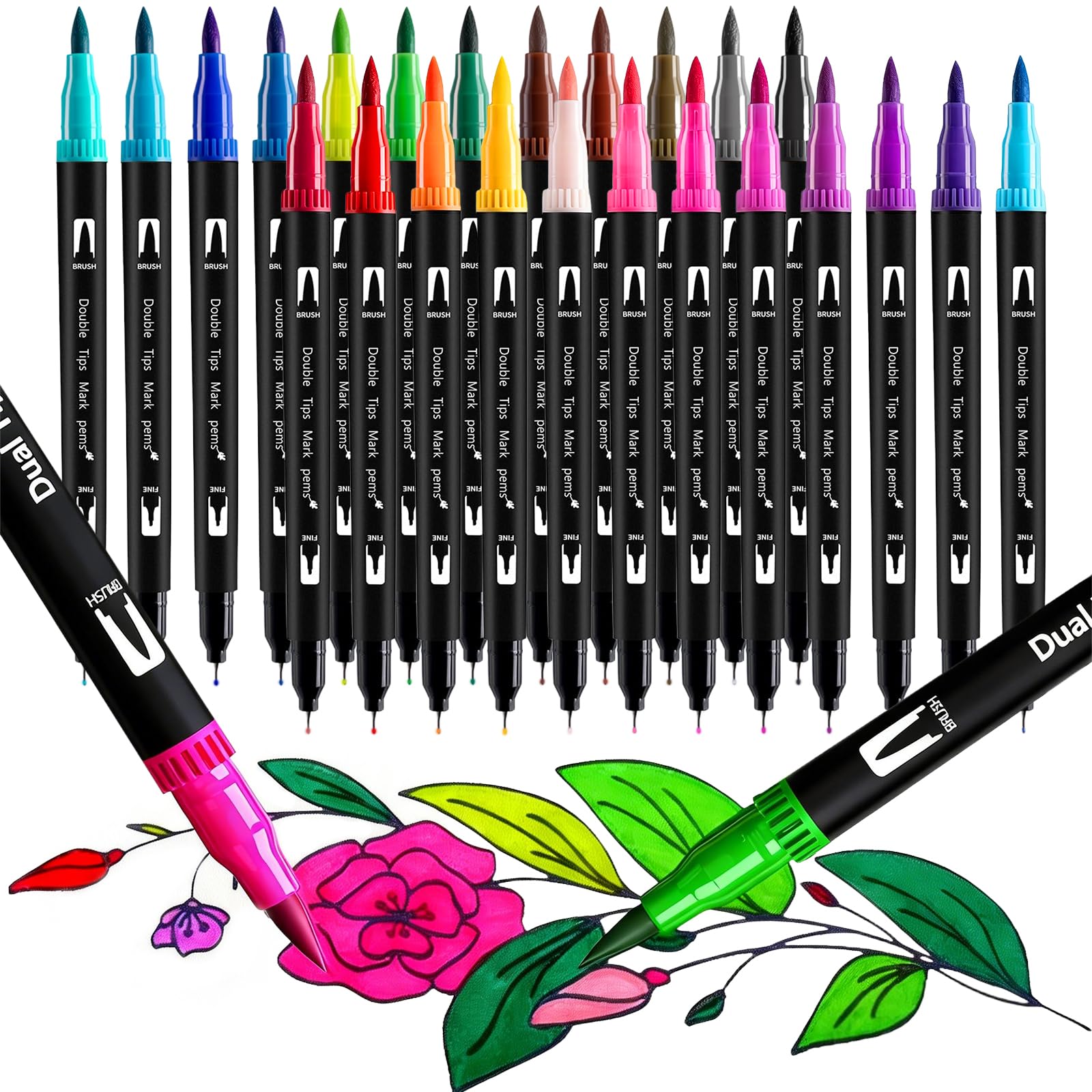 Veebmys 24 Farben Dual Brush Pen Set, Filzstifte Dicke Und Dünne Pinselstifte Für Erwachsene Und Kinder - Wasserbasierte Marker Zum Ausmalen, Zeichnen, Skizzierenund Diy-Bastelprojekte (24)