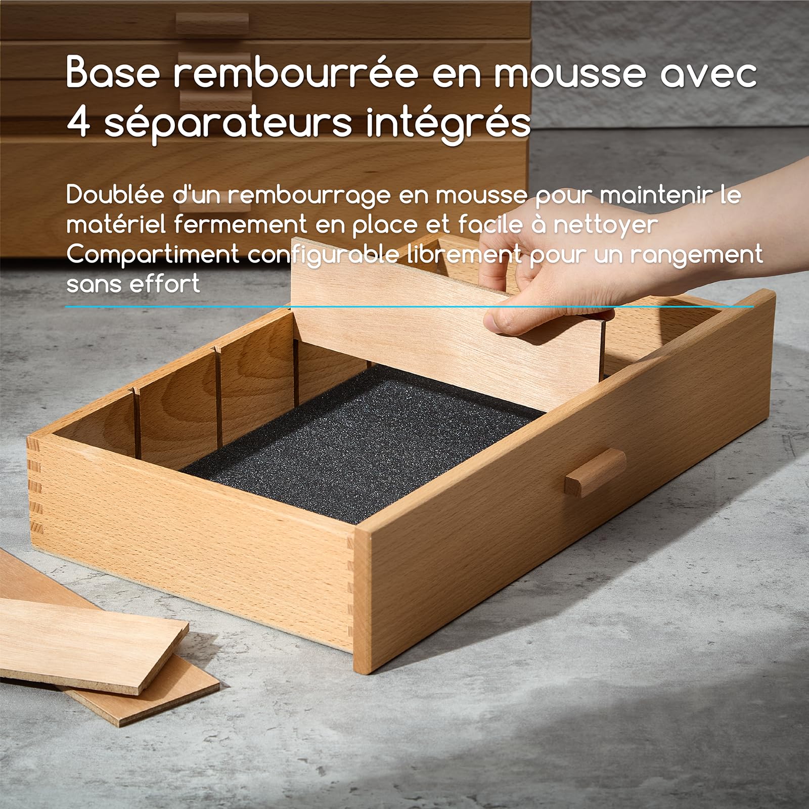 MEEDEN Boîte de rangement pour fournitures d'artiste : À 1 niveau, boîte à outils en bois massif de hêtre avec séparateurs amovibles – Rangement d'outils en tiroir pour fournitures de peinture