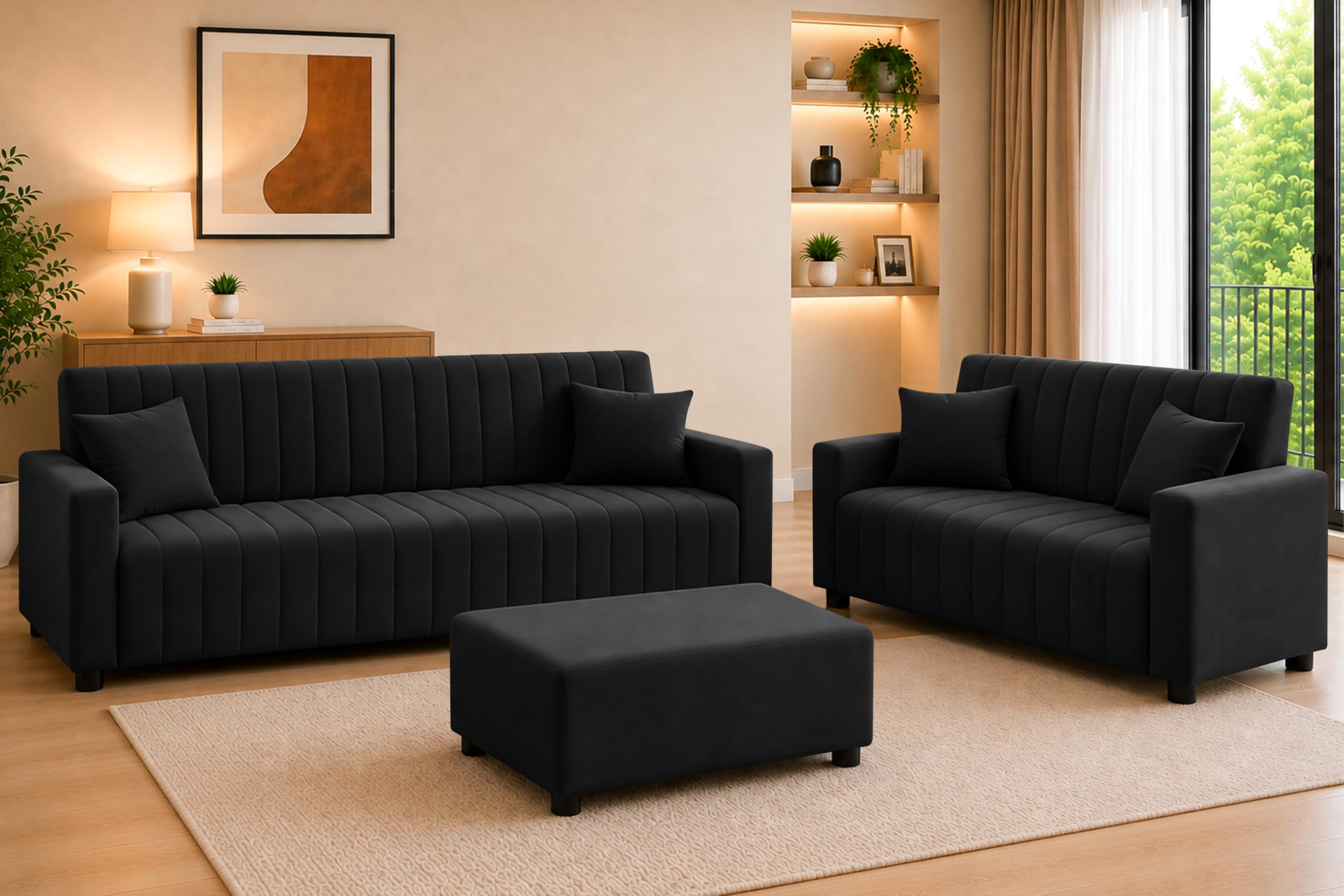 Rosebell 3+2 Fabric Sofa Set with Ottoman | Premium Upholstery 5-Seater Sofa | Living Room Furniture, Apartment & Office |Black-Color