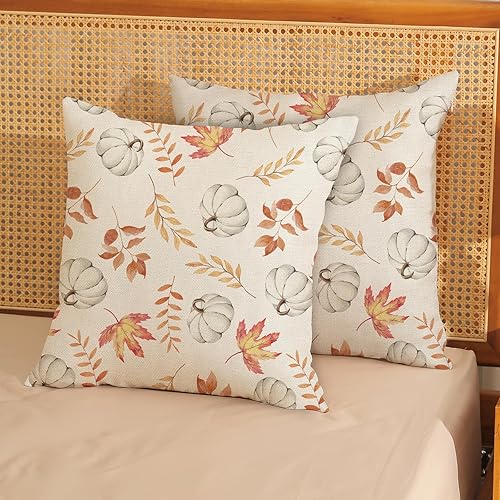 Miniatura 3 de Juego de 2 fundas de almohada de otoño de 22 x 22 pulgadas, diseño de calabaza y hoja de arce, fundas de almohada decorativas de lino para otoño,