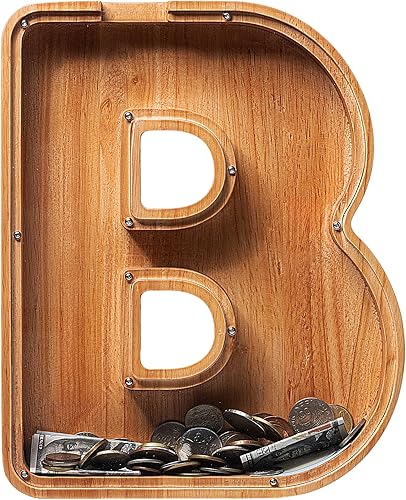Miniatura 280 de Alcancía para niños y niñas, alcancía grande de madera personalizada con diseño recortado, bancos de monedas con letras del alfabeto, caja de ahorro