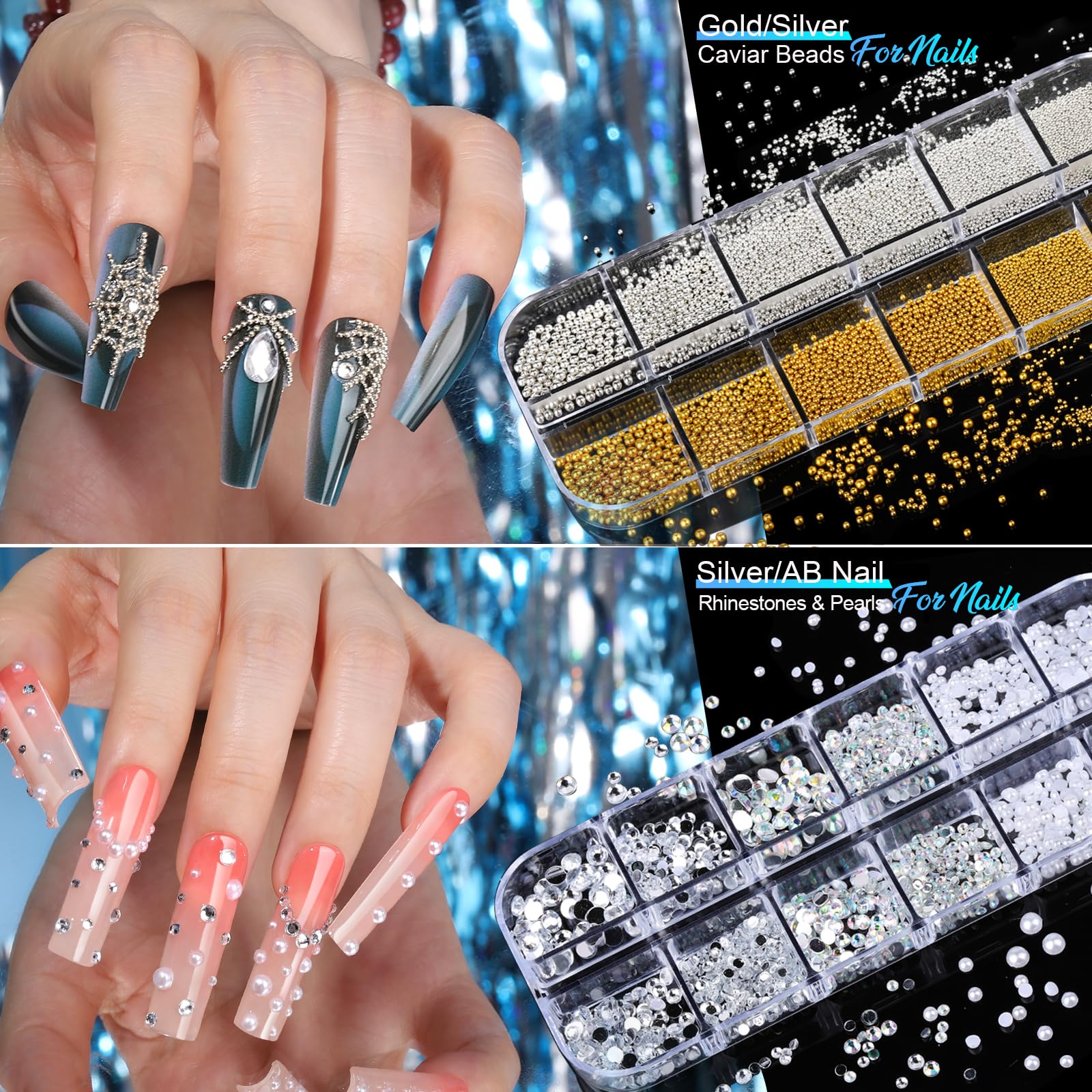 Dijes de uñas para kit de arte de uñas, 8 cajas de diamantes de imitación para uñas, perlas para uñas con 20 hojas de calcomanías de arte de uñas, dijes de uñas dorados 3D y gemas suministros 4