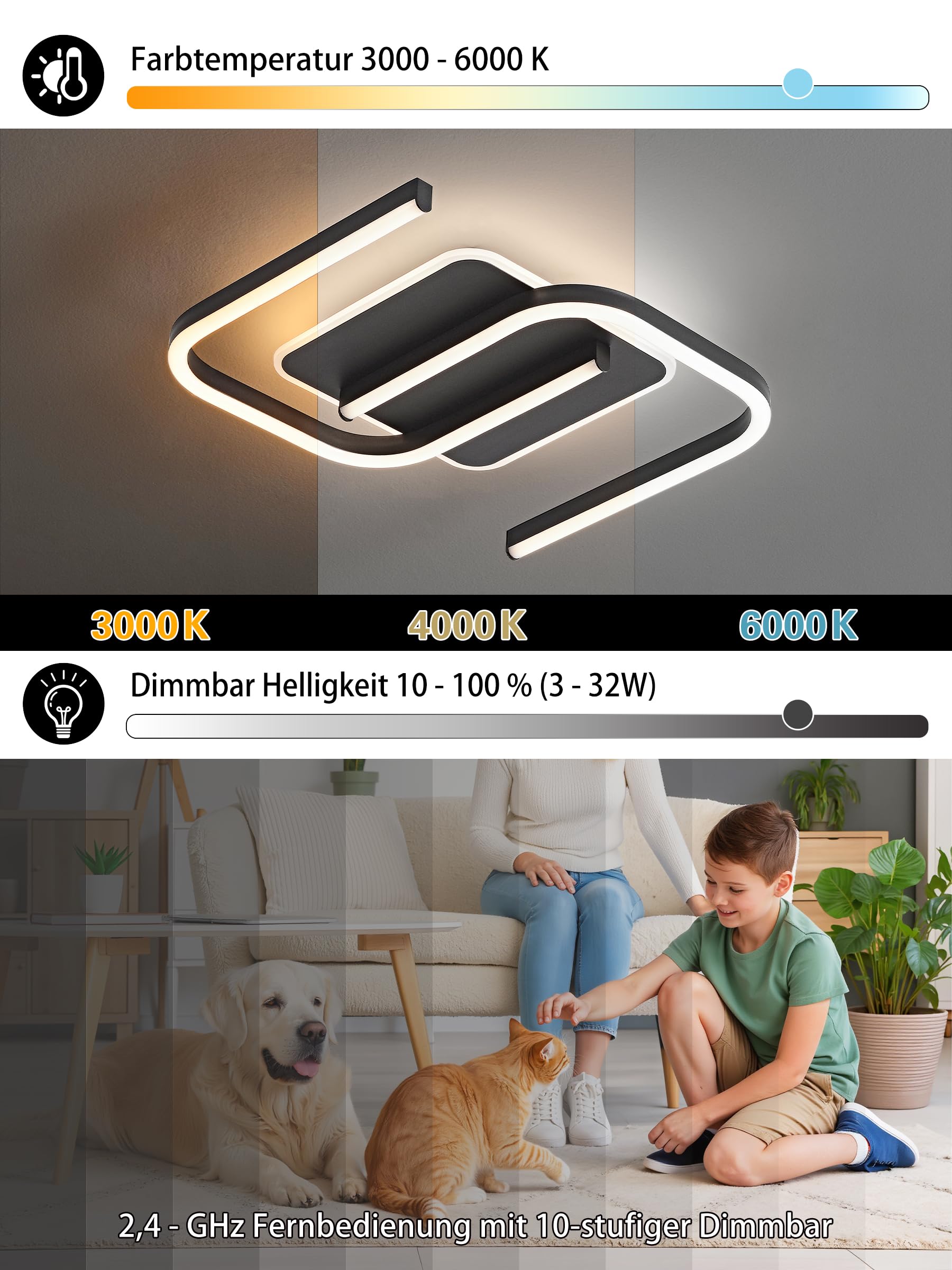 LED Deckenleuchte Dimmbar schwarz S-Form, 32W 40cm 3200lm mit Fernbedienung/Mobile APP, Farbtemperatur 3000-6000K, Helligkeit 3-32W, 3W Nachtlicht, Memory-Funktion, Für Wohnzimmer Schlafzimmer