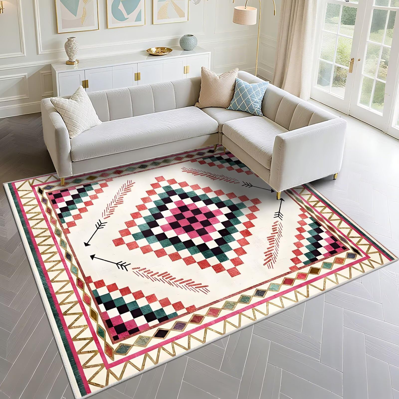 Tapis géométrique moderne beige 160x250cm idéal pour grand salon et chambre