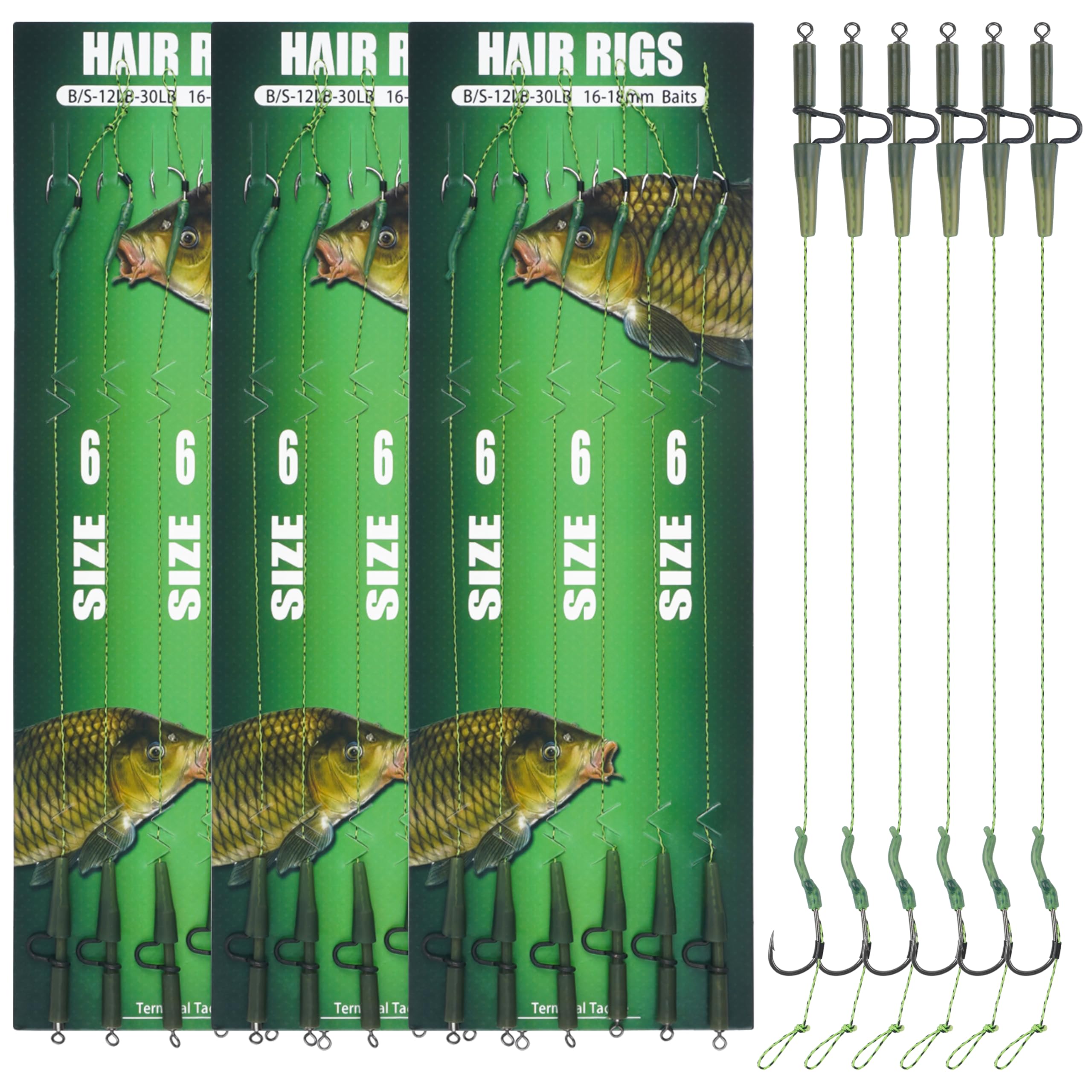 18pcs Carp Fishing Hair Rigs Kit Curved Barb Hooks Braided Thread Line Safety Leader Clips Fishing Bait Rigs Carp Fishing Tackle Accessories