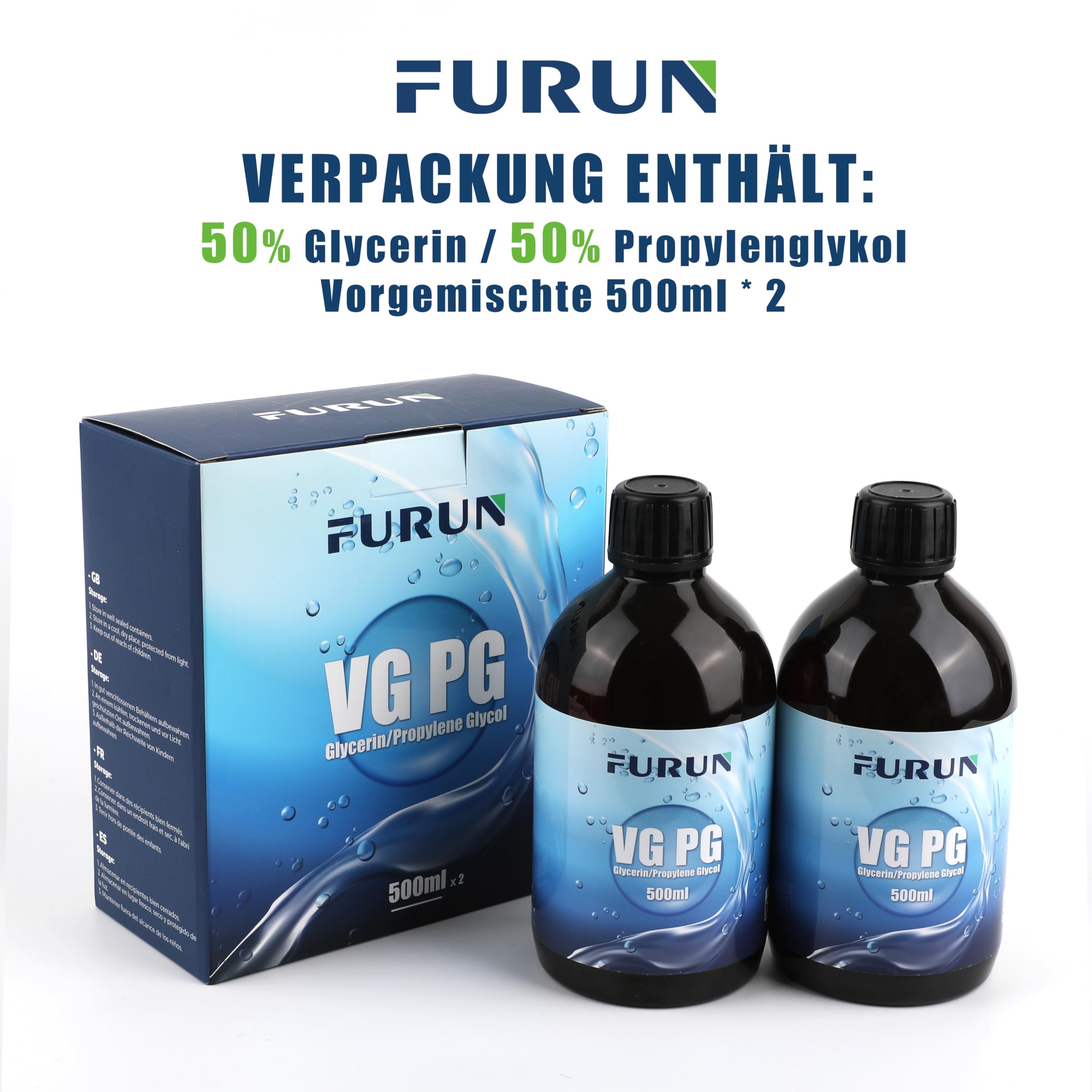2 x 500 ml 50% de glycérine VG / 50% de propylène glycol PG de qualité pharmaceutique, glycérine liquide 50% VG E422/50% PG propylène glycol liquide E1520 pur, végétalien, 0% d'additifs | Qualité pharmaceutique, pureté > 99,9 %, végétalien, 0 % additifs,
