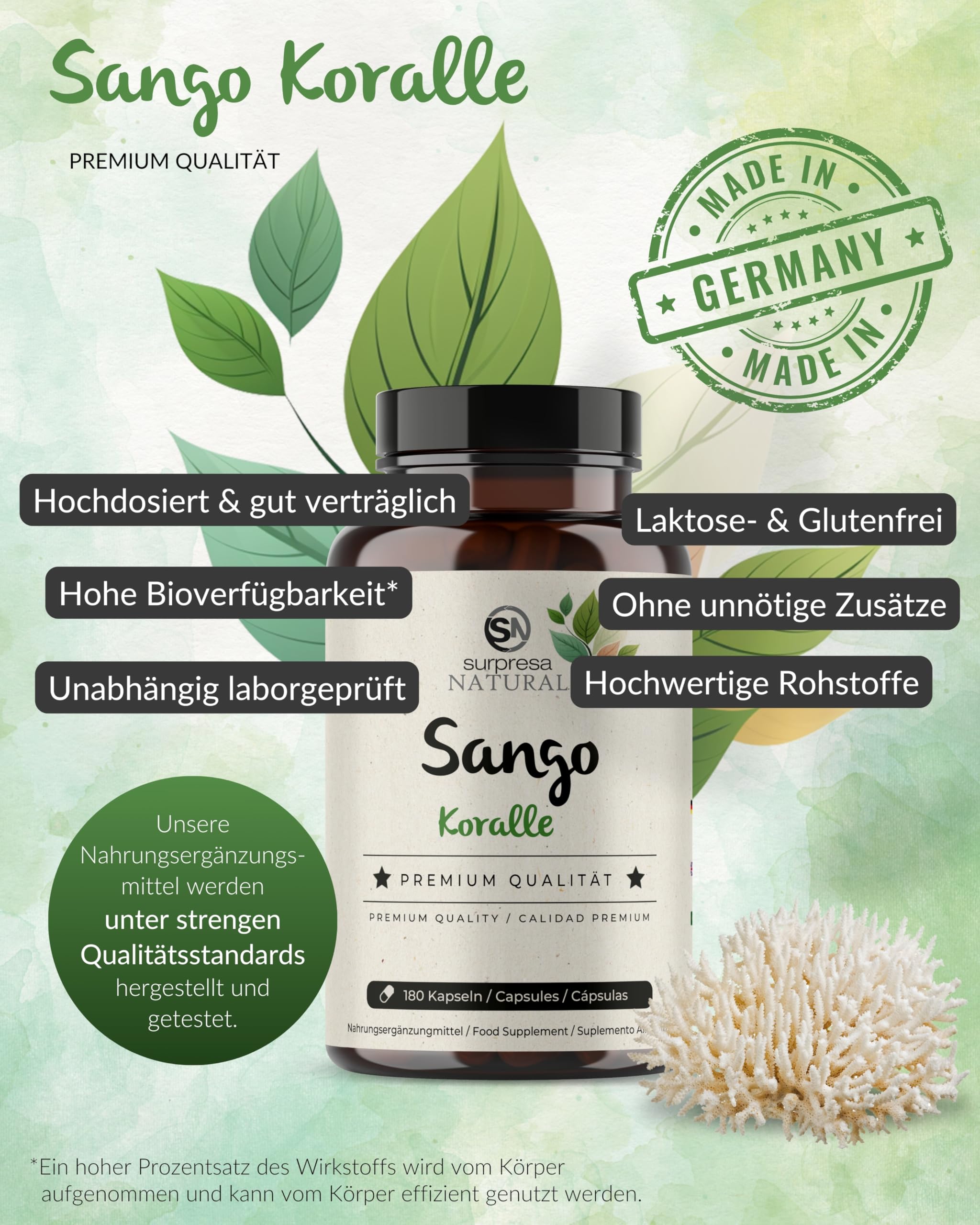 Sango-Meereskoralle-Kapseln I 3 x 180 Stück I Natürliches Supplement mit 3300mg Sango-Koralle-Pulver, 660mg Calcium & 330mg Magnesium I Vorrat für 6 Monate I hochdosiert & vegan