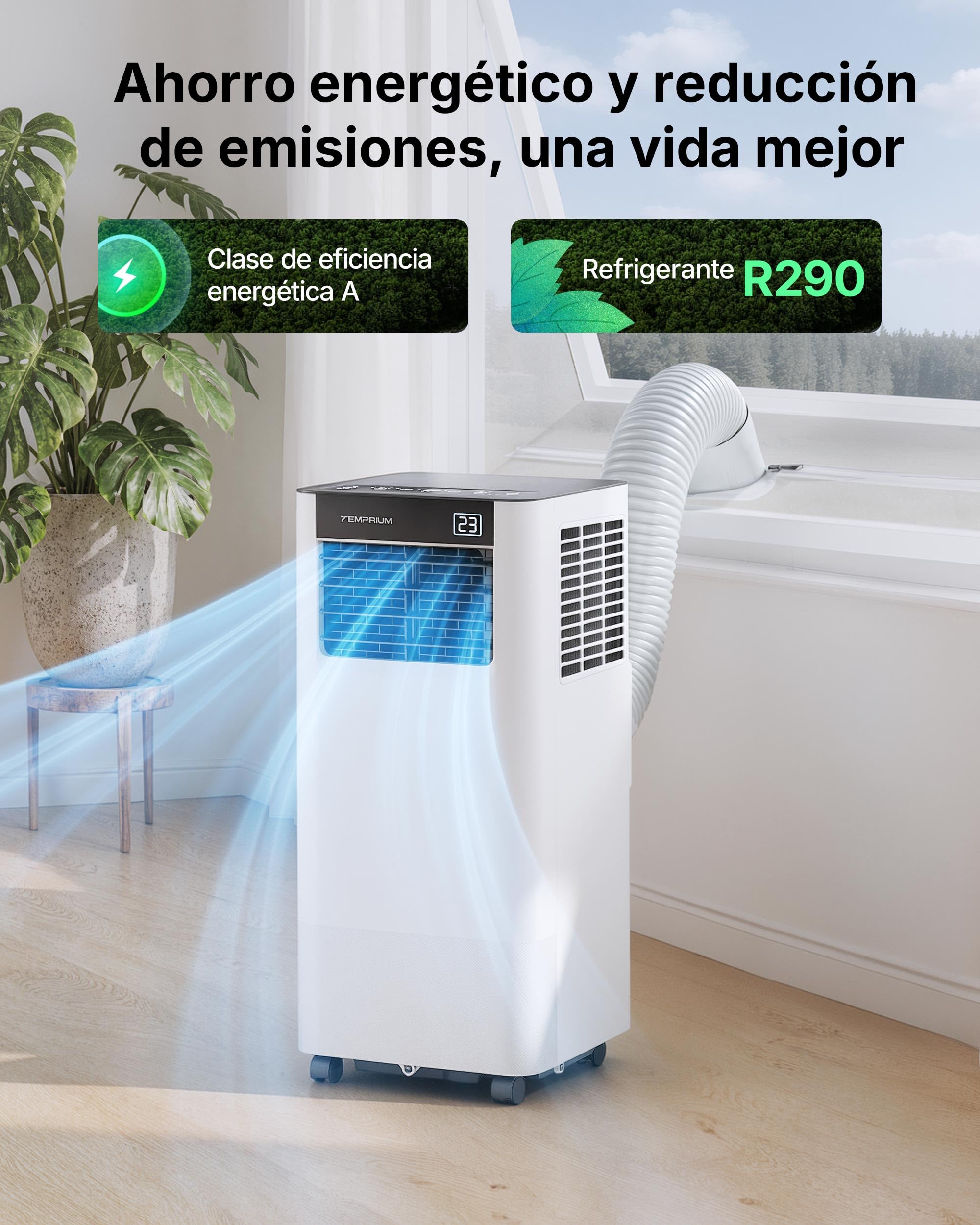 Aire Acondicionado Portátil 7000 BTU, Climatizador 3 en 1, Kit Ventana Incluido, Control App/Mando, Silencioso <48 dB, Temporizador 24 H, Hasta 20 m²