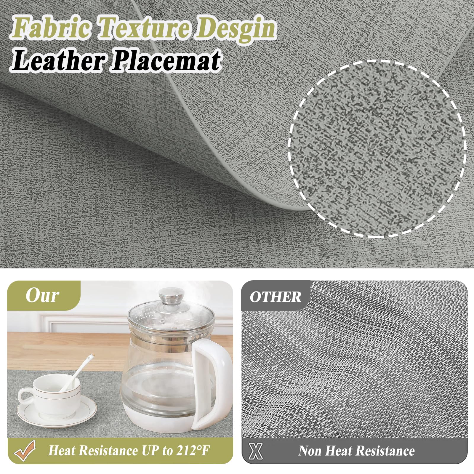 YUNJUER 4 Leather Placemats + 4 Round Coasters Set, Heat Resistant 212 °F PU Place Mats, Non Slip and Washable - Image 3
