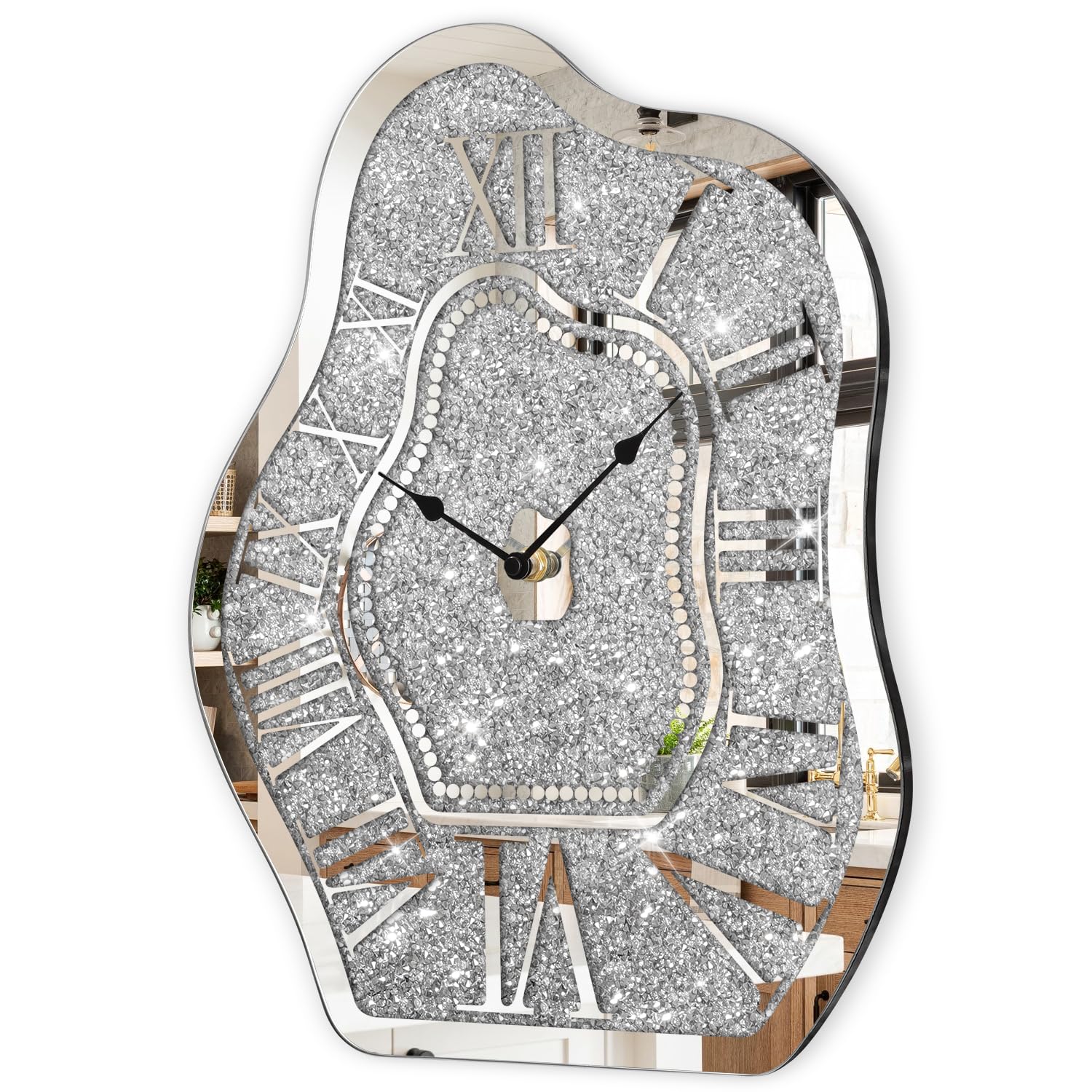 Feufoam Silver, Wood Modern Wall Clock For Living Room Decor Silver Crystal Crush Diamond Mirrored Clocks Irregular Mirror Clock Unique Wall Decorative For Bedroom Kitchen Dining Room