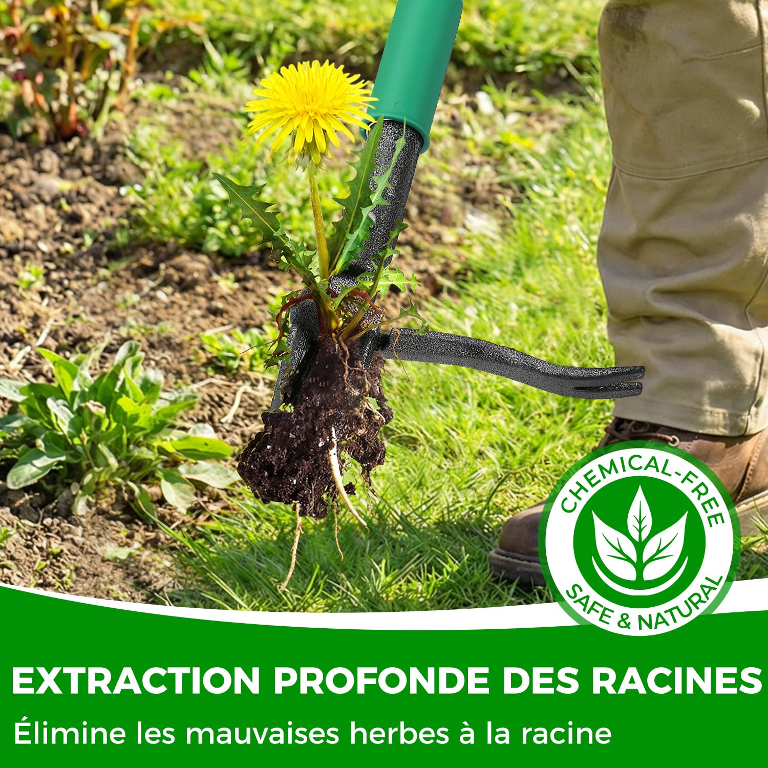 Désherbeur Manuel avec 2 Éjecteurs de Mauvaises Herbes, 1.1m Arrache Pissenlit, Manche en Bambou Véritable, 4 Griffes en Métal et Pédale, Outillage de Désherbage pour Le Jardin