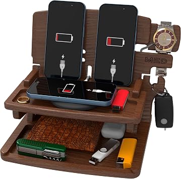 MED Wood Phone Docking Station for Men Nightstand Organizer & Charging Station for Multiple Devices Birthday Gift for Husband Dad, Fathers Day Holds Phone, Watch, Wallet, Keys Dark Walnut