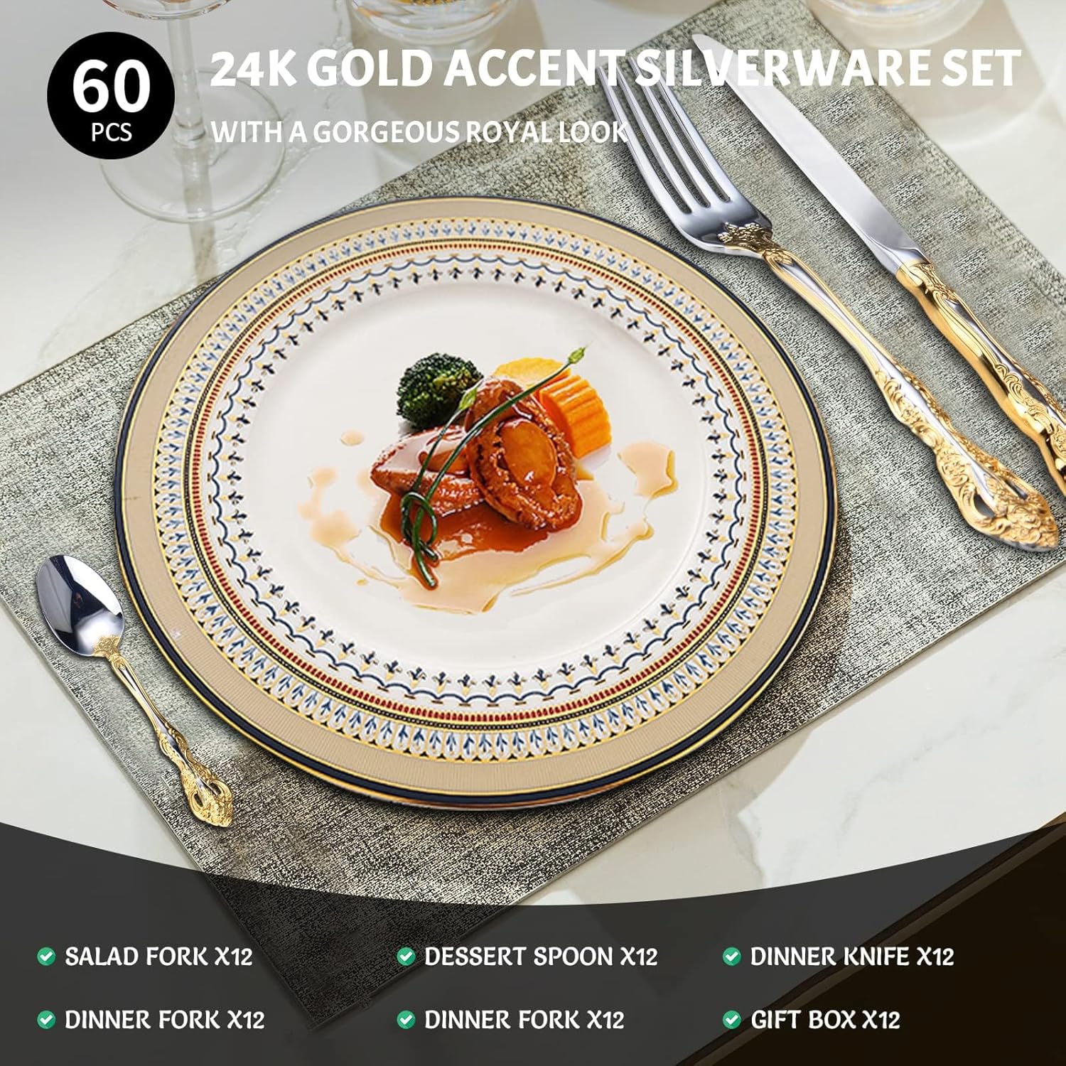 60-piece exquisite cutlery set,service for 12 people,18/10 stainless steel flatware sets, utensils tableware set for eating,dishwashe safe