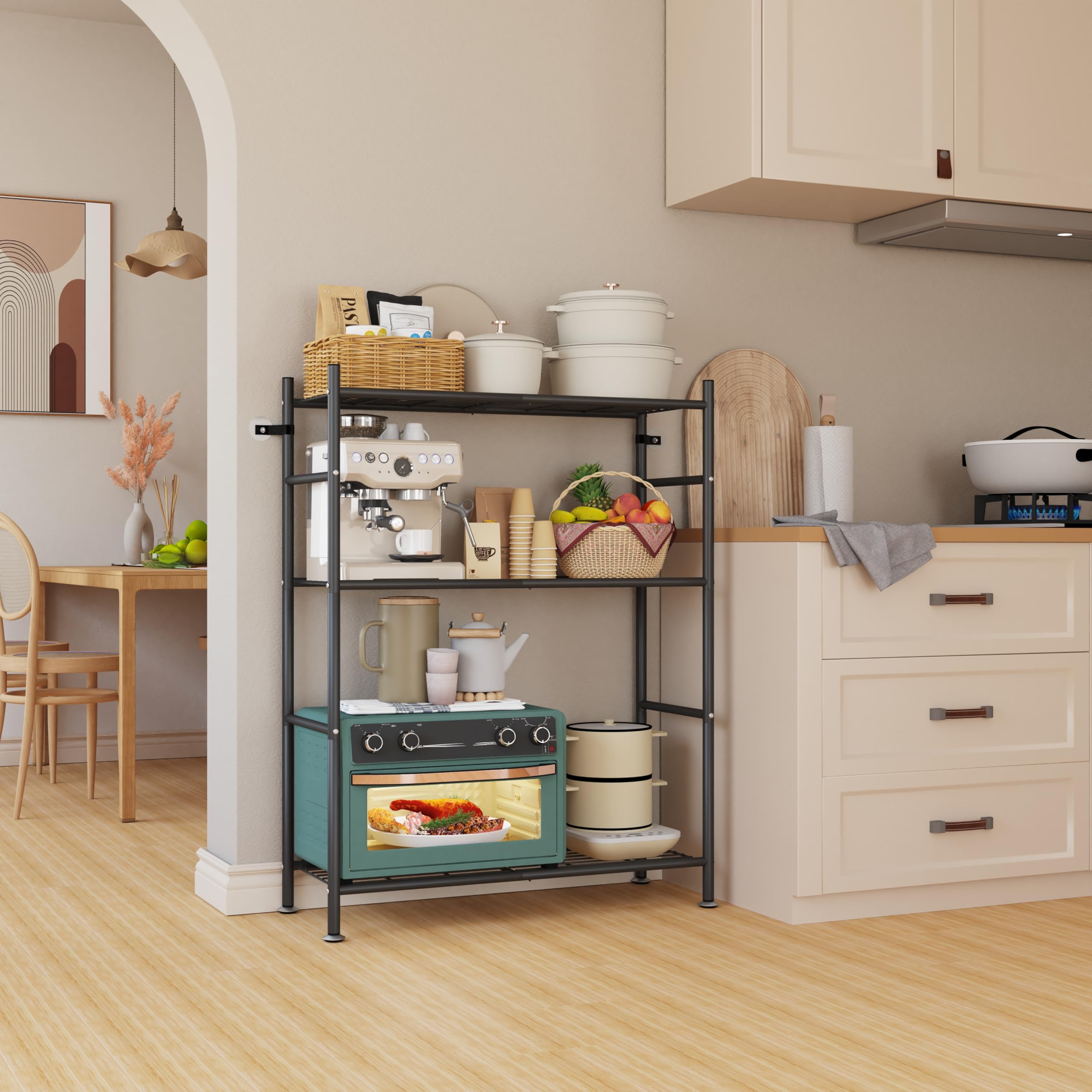 NETEL estanterias almacenaje Cocina de 3 baldas，estanteria Metalica,Altura de los estantes Regulable,Storage Shelves con 4 Ganchos,84 × 32 × 182 cm (L × An × Al)，Negro