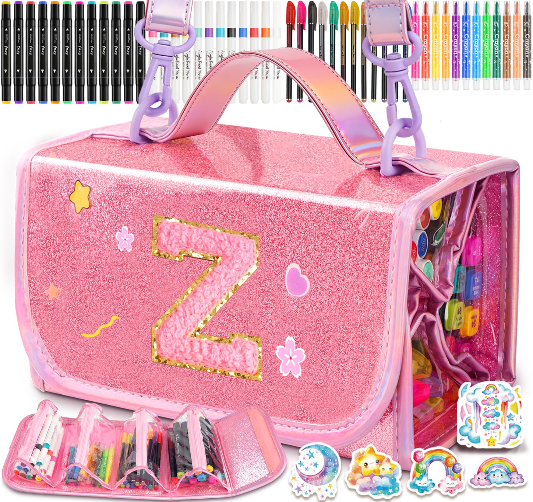 SHXWELL 69 PCS Initial Washable Scented Markers Set with Glitte Pencil Case Shoulder Strap, Personalized Art Supplies and Crafts for Kids Ages 4-6-8, Birthday Gifts for Girls Coloring Markers Set (Z)