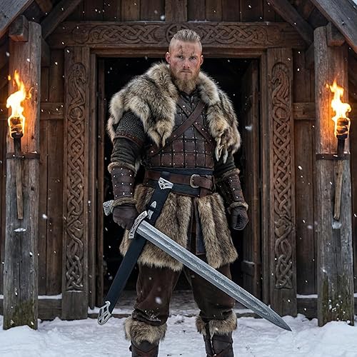 Espada vikinga Northman Espada larga funcional de acero de Damasco real lista para la batalla Espada vikinga medieval hecha a mano con vaina de