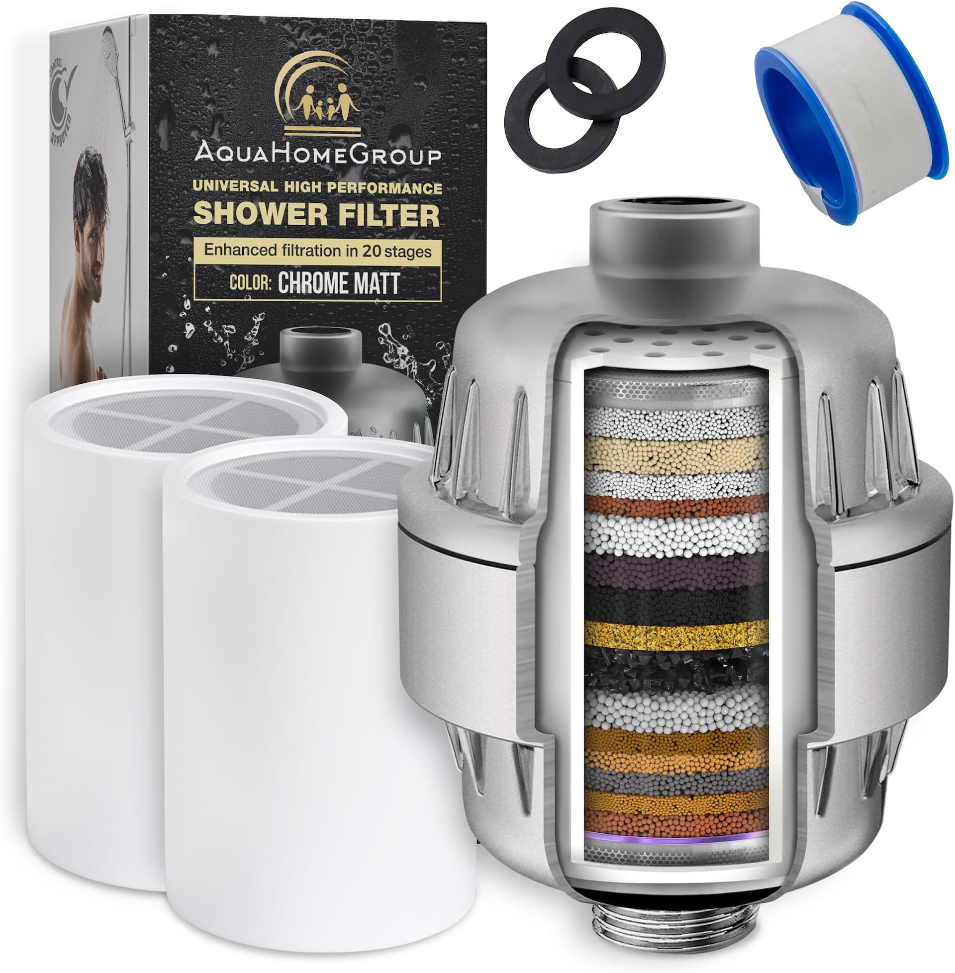 AquaHomeGroup 20 Stage Shower Filter with Vitamin C E for Hard Water - High Output Shower Water Filter to Remove Chlorine and Fluoride - 2 Cartridges Included -Consistent Water Flow Showerhead Filter