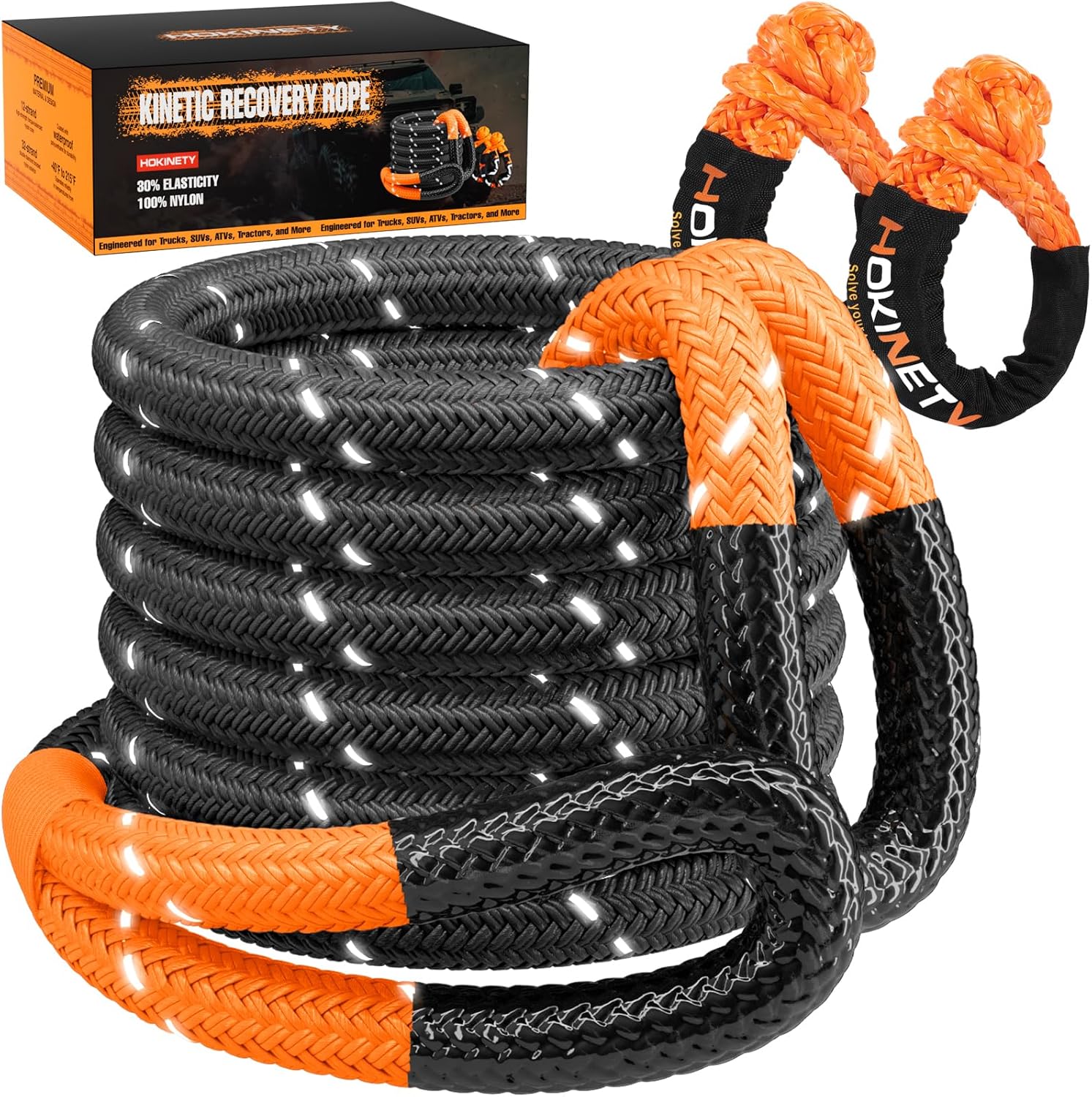 Kinetic Recovery Tow Rope - 1.26" x30FT 55000LBS Reflective Heavy Duty Snatch Strap Kit with Soft Shackles for Offroad Pulling Truck SUV UTV ATV Car Jeep - Black