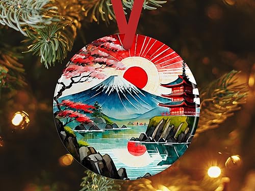 Miniatura 4 de Handmade 2024 Japan Watercolor Ceramic Christmas Ornament, Ideal Travel Vacation Souvenir Keepsake, with Red Satin Ribbon