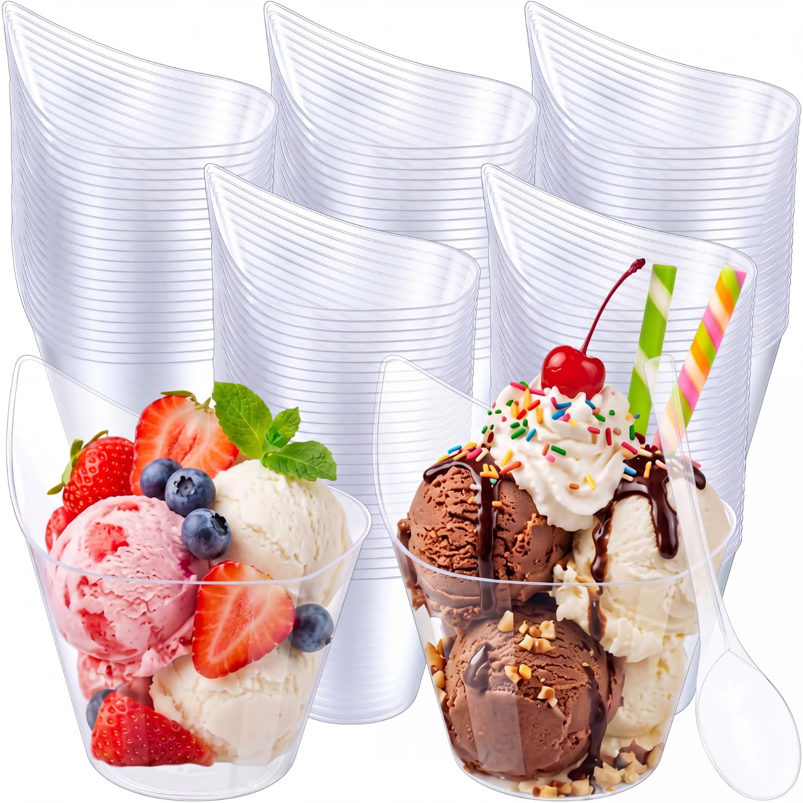 150 Pack 7 Oz Clear Clear Plastic Dessert Cups | With Tasting Spoons, Ideal for Appetizers Parfait Mousse, Disposable for Party Catering Buffet, Stackable Design Saves Space