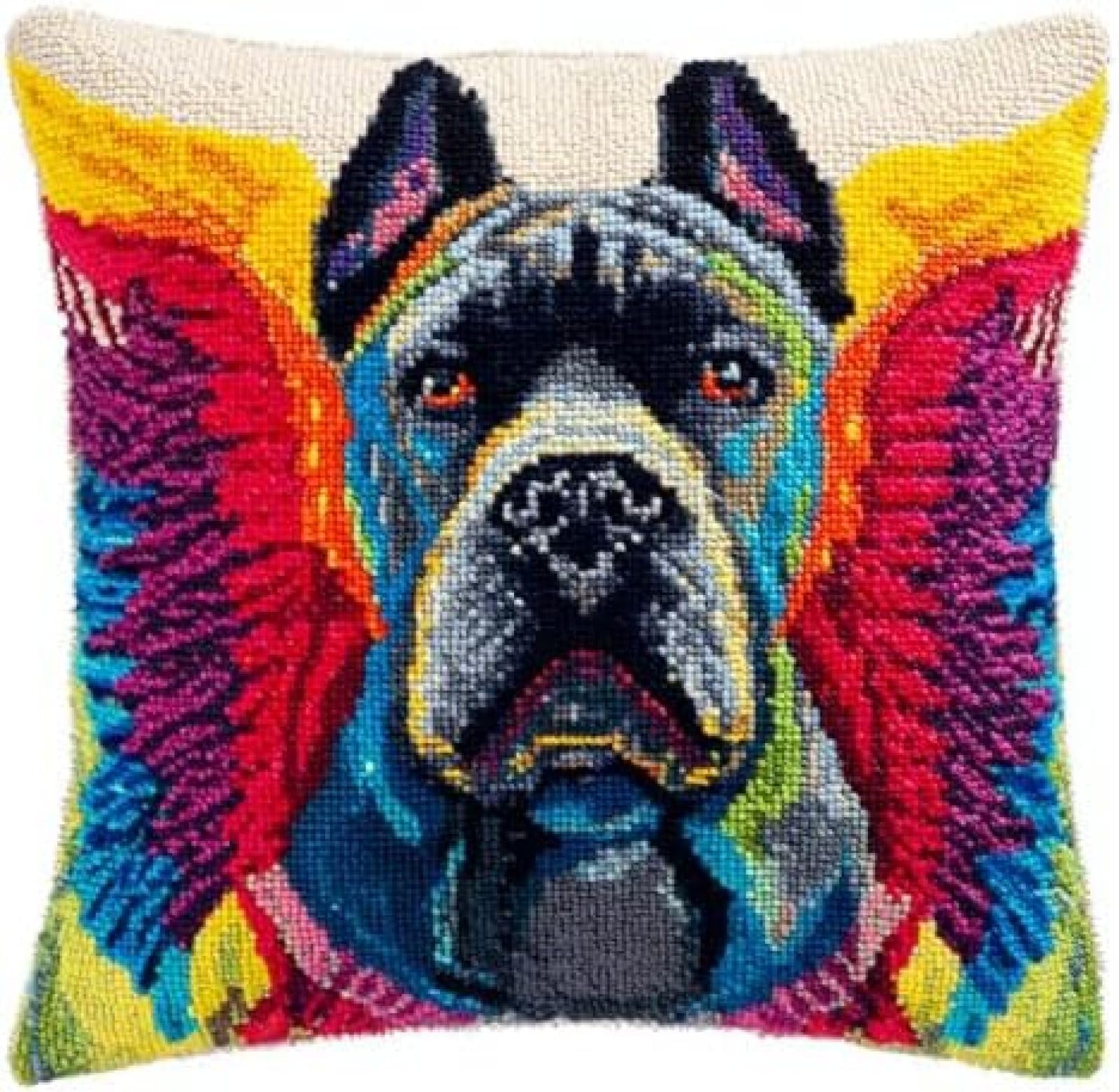 kitphoenix Latch Hook Pillow Cover Making Kit for Adults Beginners,Cane Corso Dog Colorful Angel Wing,DIY Cushion Cover Craft Set with Yarn,Hook and Pre-Printed Canvas,43x43 cm