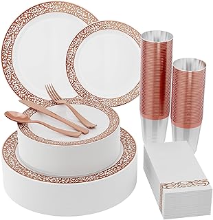 210 Count Rose Gold Plastic Dinnerware Disposable Plates 30 Dinner Plates 30 Dessert Plates & 30 Cups & 30 Linen Like Rose Gold Paper Napkins & 30 Plastic Silverware Set, Plastic Dinner Plates