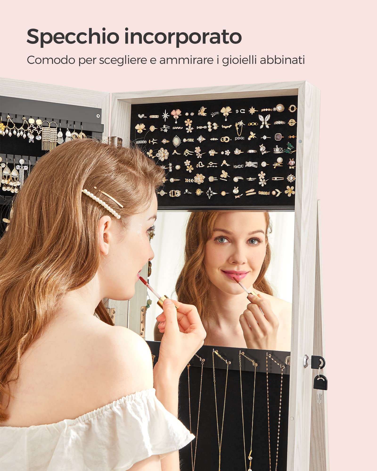 SONGMICS Armadietto Portagioie Girevole a 360° Specchio a Figura Intera, Specchiera Portagioielli con Serratura, Specchietto Interno, Ripiani sul Retro, Bianco con Venature Grigie Chiare JBC62W