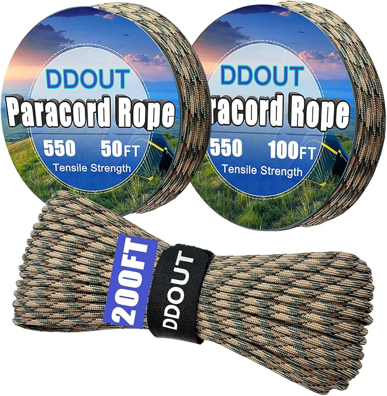 DDOUT Paracord Nylon Rope Camo 50ft with 7-Strand Core, 10 Colors and 50/100/200 ft, Type III Parachute Cord 4mm for Camping, Survival, Hiking, DIY, Crafting, Outdoor Utility Rope