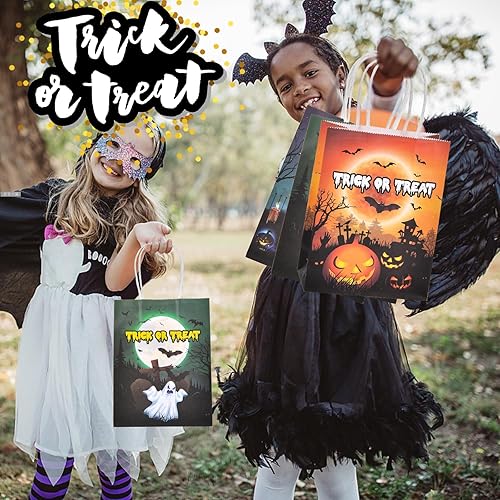 Miniatura 5 de OGLARING - 24 bolsas de papel de regalo de Halloween, pequeñas bolsas de dulces de Halloween con asa, bolsas a granel para dulces o trucos para
