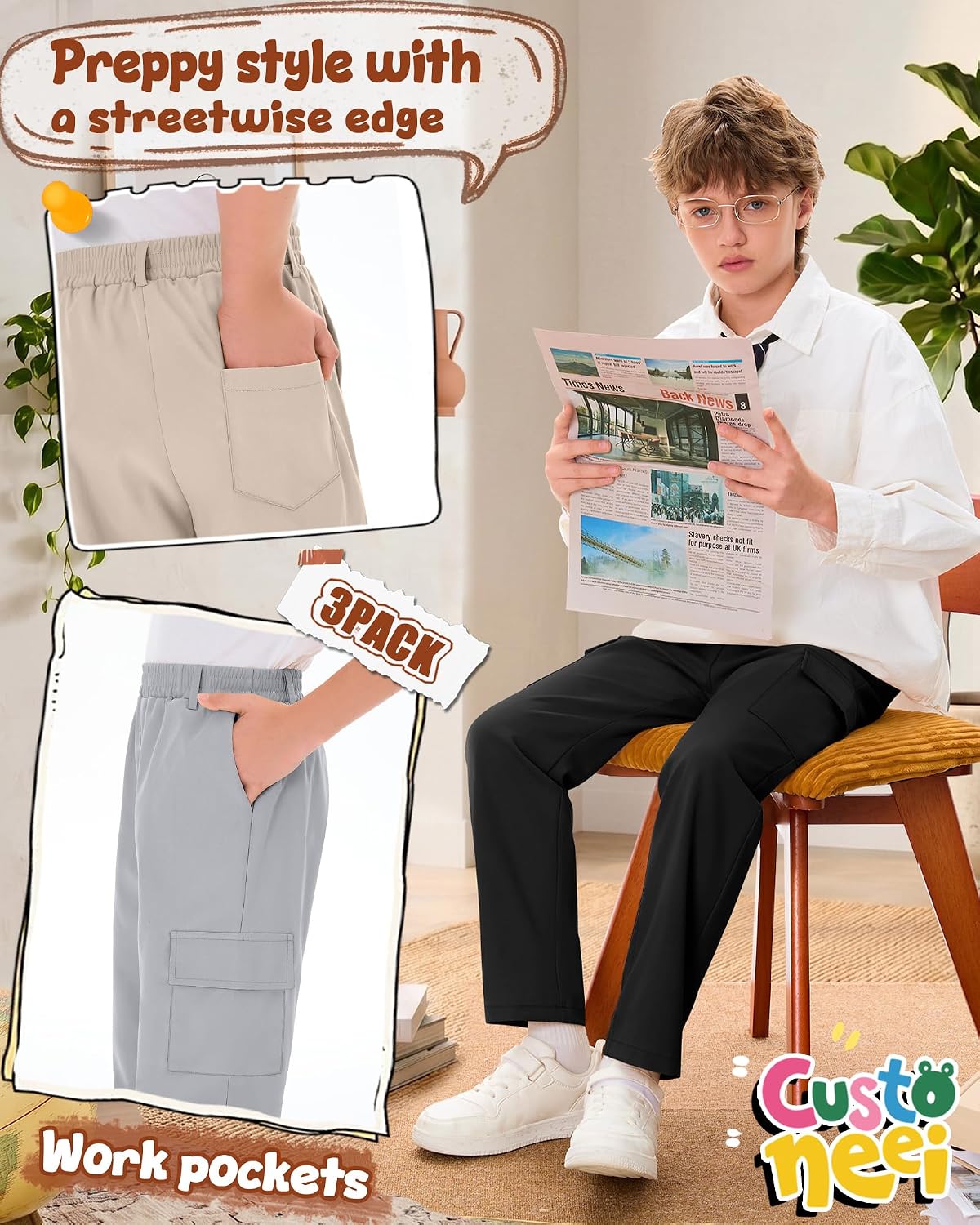 3 Pack Boys School Uniform Pants Straight Leg Pull on Cargo Dress Pants for Kids 6-14Y Back to School Trousers