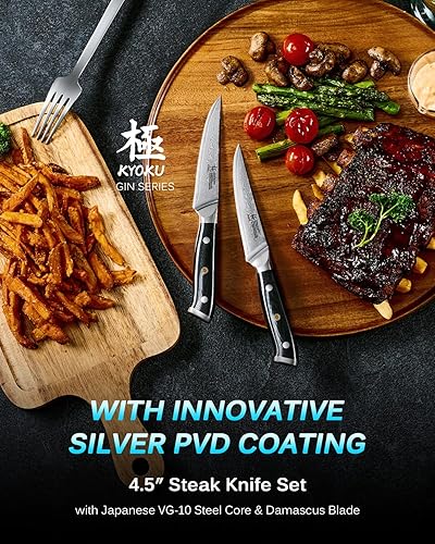 Miniatura 2 de KYOKU Gin Series - Juego de 4 cuchillos para carne de 4.5 pulgadas, cuchillos de cocina japoneses VG10 de acero inoxidable Damasco con cuchillas