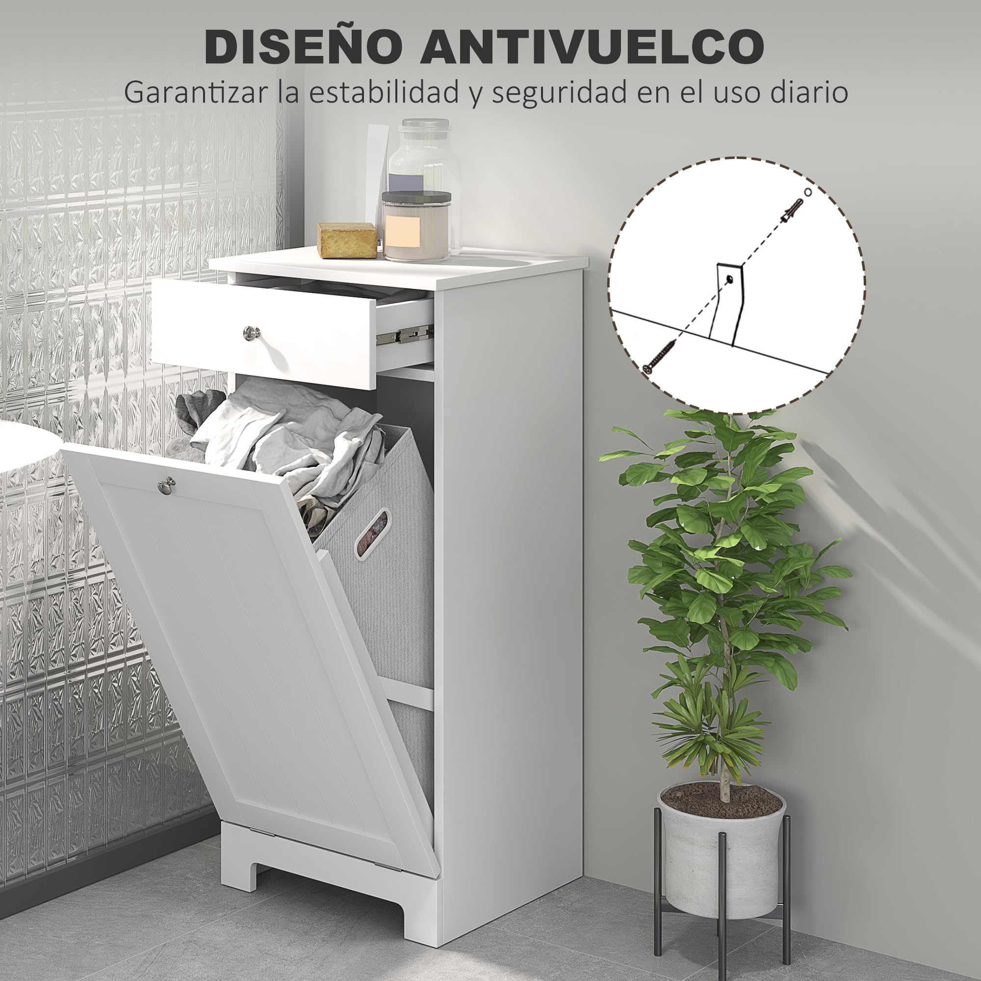 HOMCOM Armario de Baño con Cesto Ropa Sucia Abatible, Mueble Ropa Sucia con Bolsa de Tela Plegable y Cajón, Ideal para Lavandería, Blanco, 40x38x90 cm