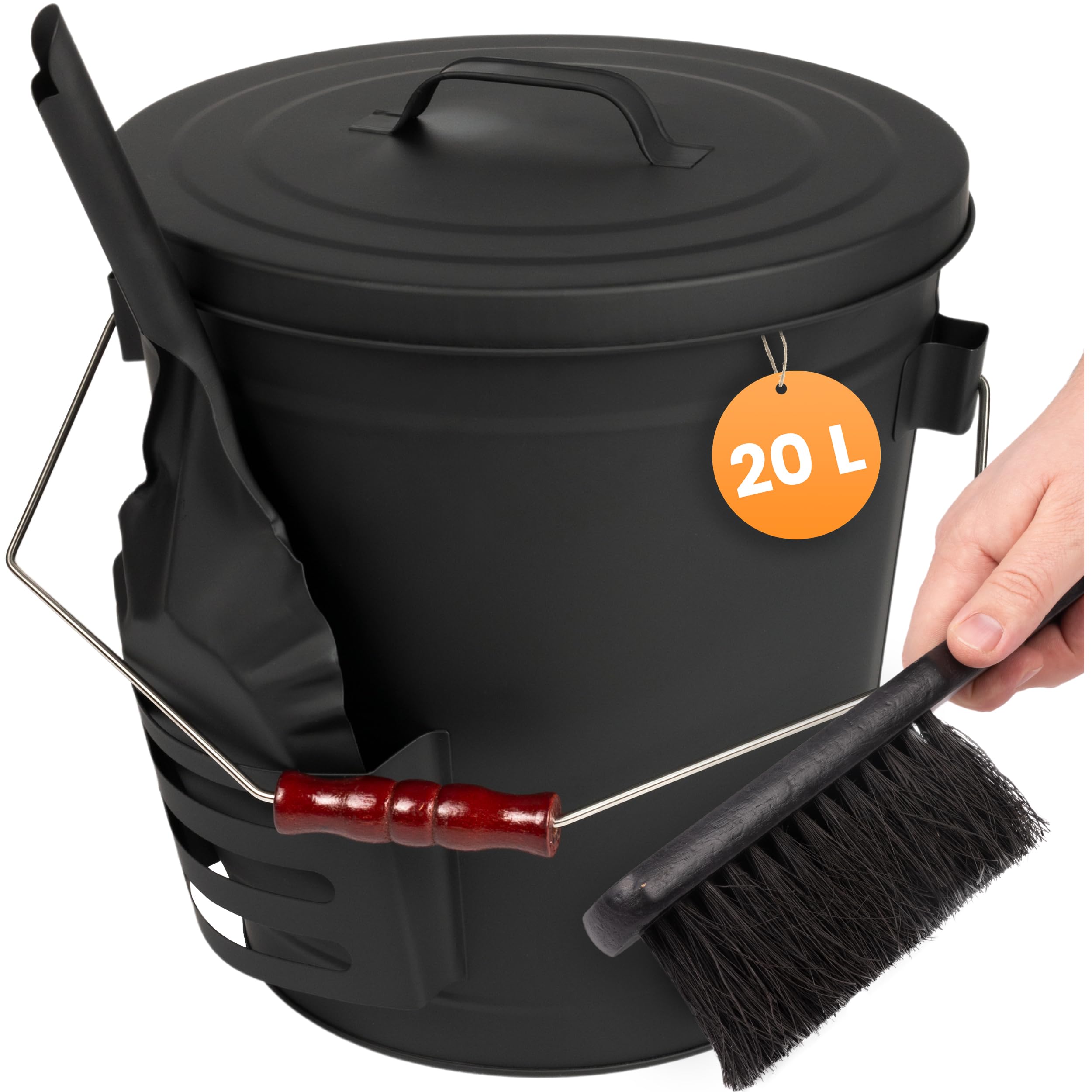 BLACK OAK Cubo de cenizas Stromboli 20 l – negro con tapa pala y escoba con percha plateada, grande, 20 litros, acero galvanizado y recubrimiento en polvo, para cenizas y carbón, accesorios para